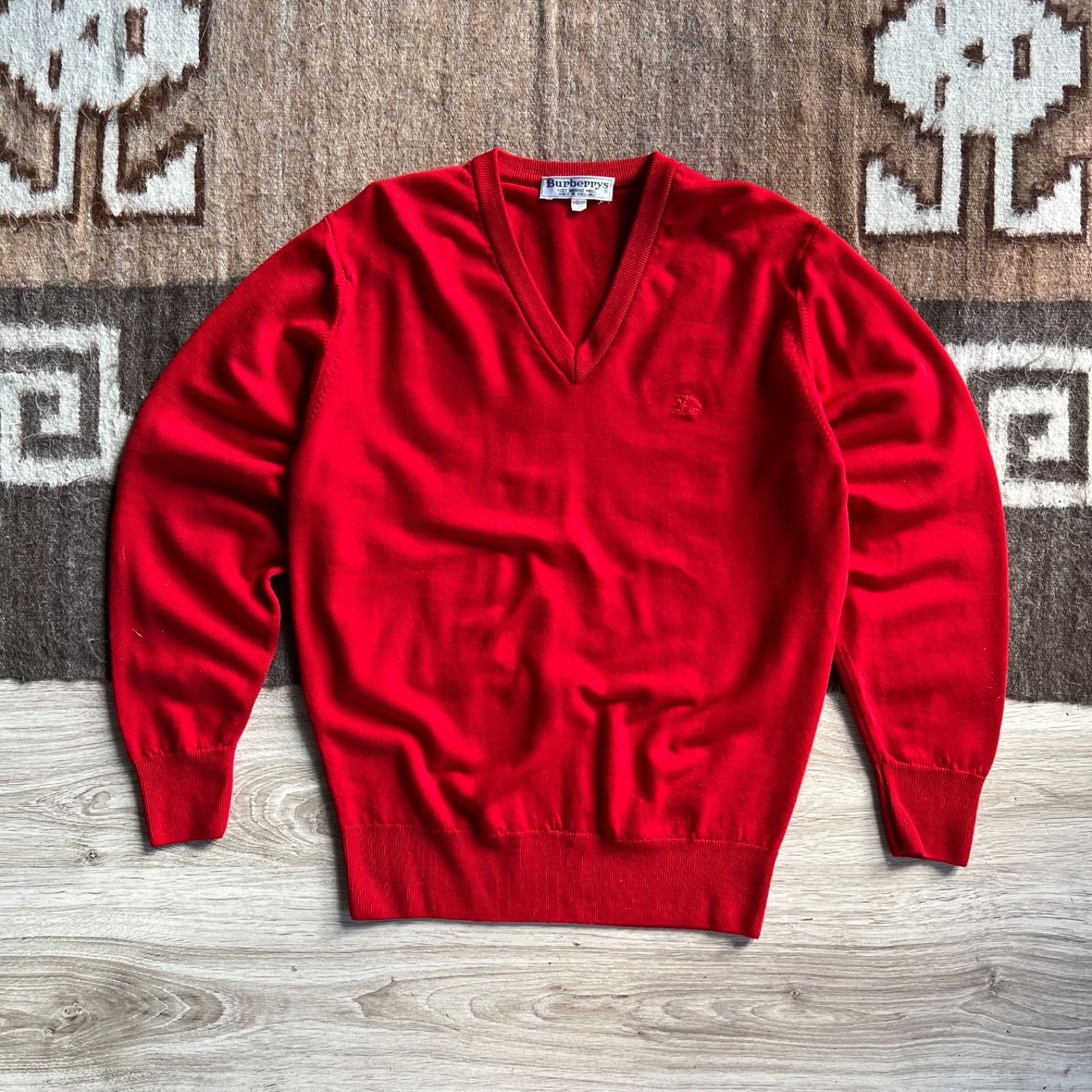 Burberrys Vintage Merino Wool Red V Neck Sweater 9492AC