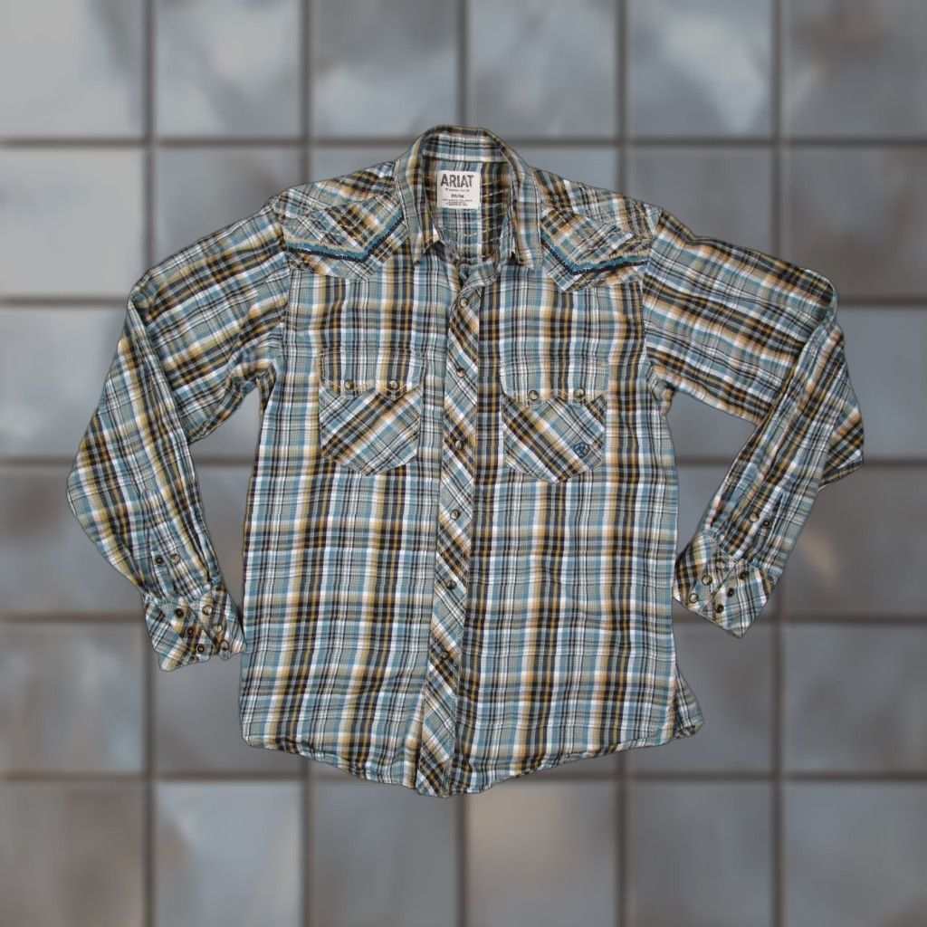 Ariat Ariat Mens Blue Long Sleeve Button Up Western Shirt Classic Fit Pearl Snaps Yoke Saw Tooth Pockets 100% Cotton Retro BTN-Up" Size US M / EU 48-50 / 2 - 1 Thumbnail