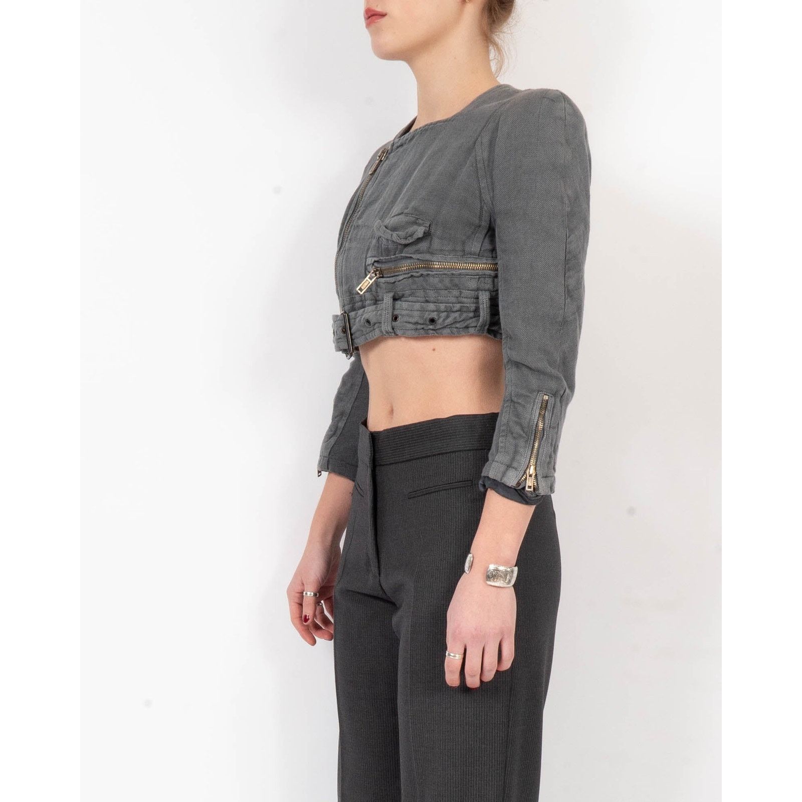 Haider Ackermann SS16 Grey Cropped Cotton Biker Jacket Size S / US 4 / IT 40 - 5 Thumbnail
