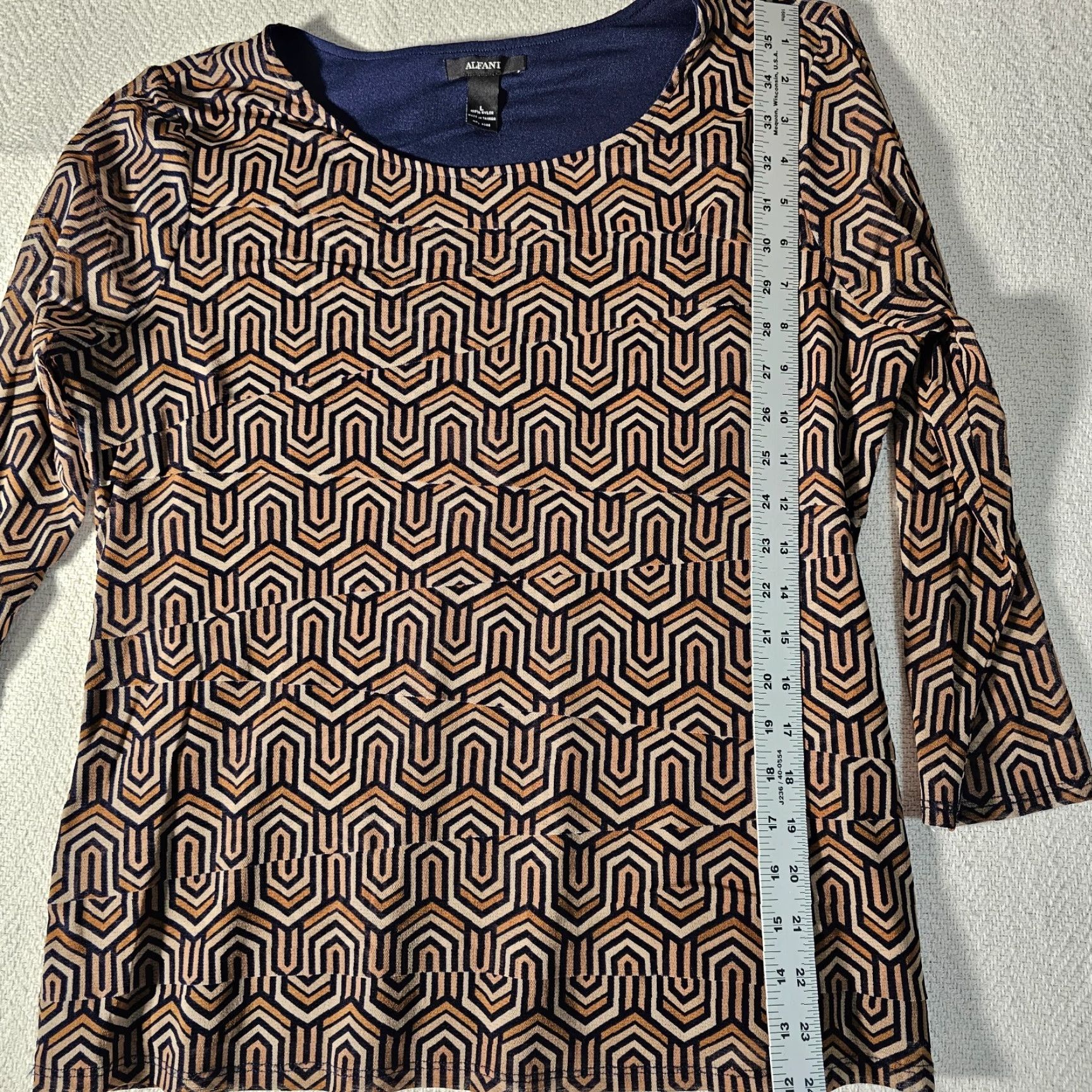 Alfani Alfani Blouse Adult Medium Brown Geometric Nylon Pullover Ruffle Casual Womens Size M / US 6-8 / IT 42-44 - 7 Thumbnail