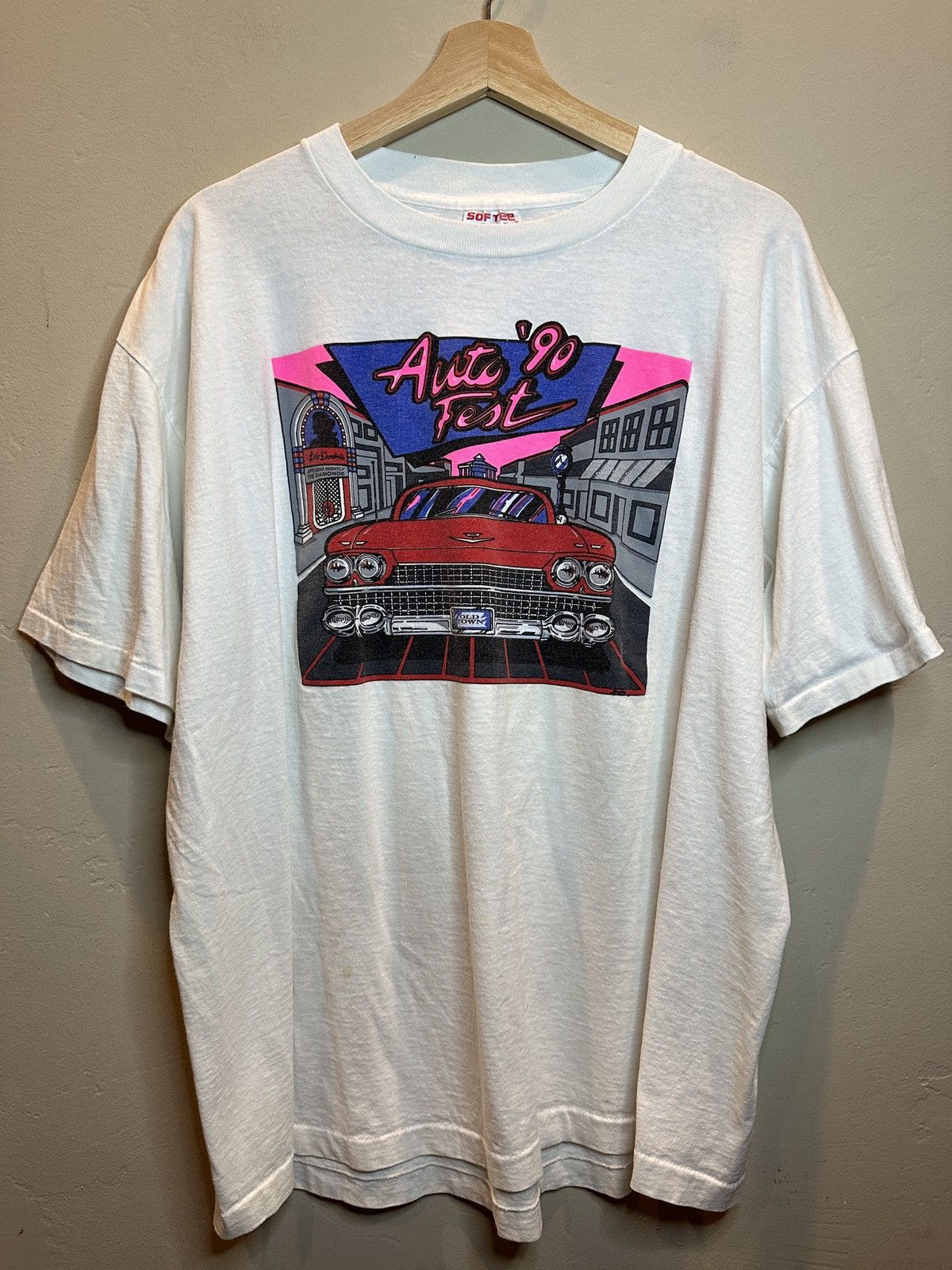 image of Vintage 1990 Auto Fest Art Single Stitch T-Shirt in Pink Blue White Red, Men's (Size 2XL)