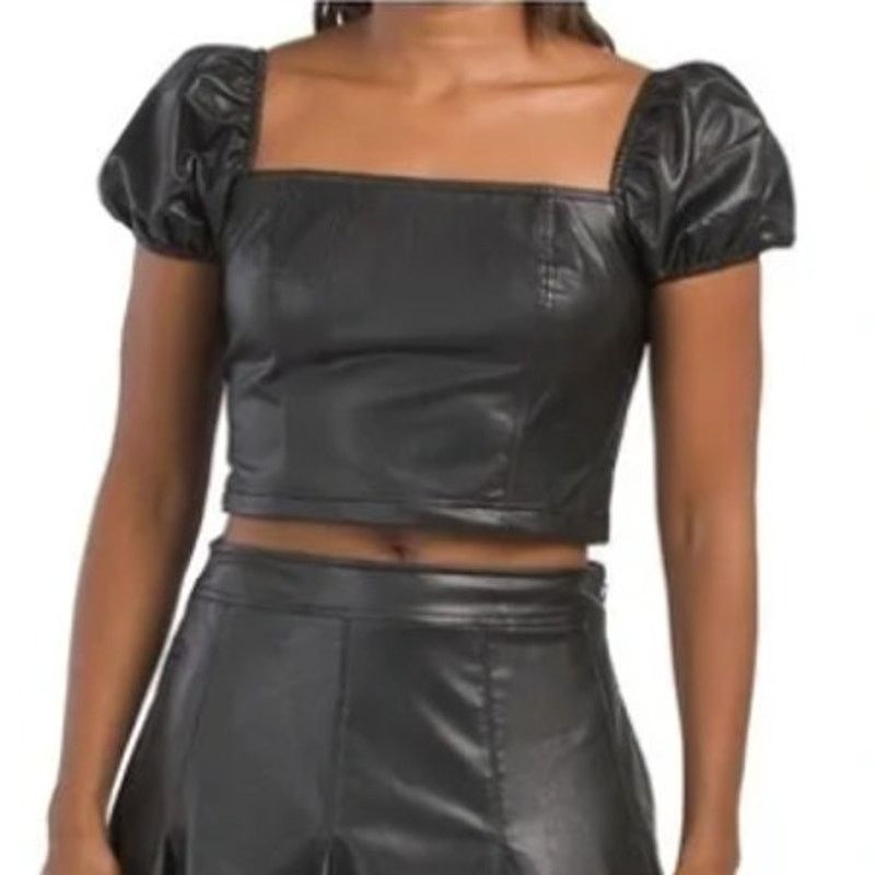 Other Faux Leather Puffy Sleeve Zipper Back Square Neck Crop Top Size L / US 10 / IT 46 - 2 Thumbnail