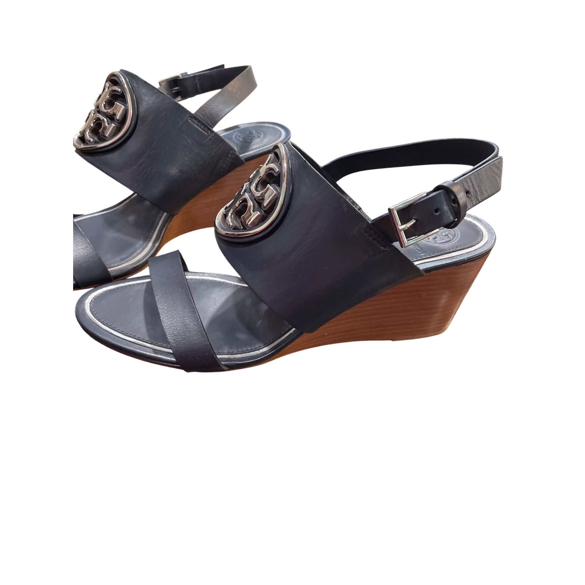 Tory Burch Tory Burch wms black leather 3" open sling back wedge shoes Size US 8.5 / IT 38.5 - 11 Thumbnail