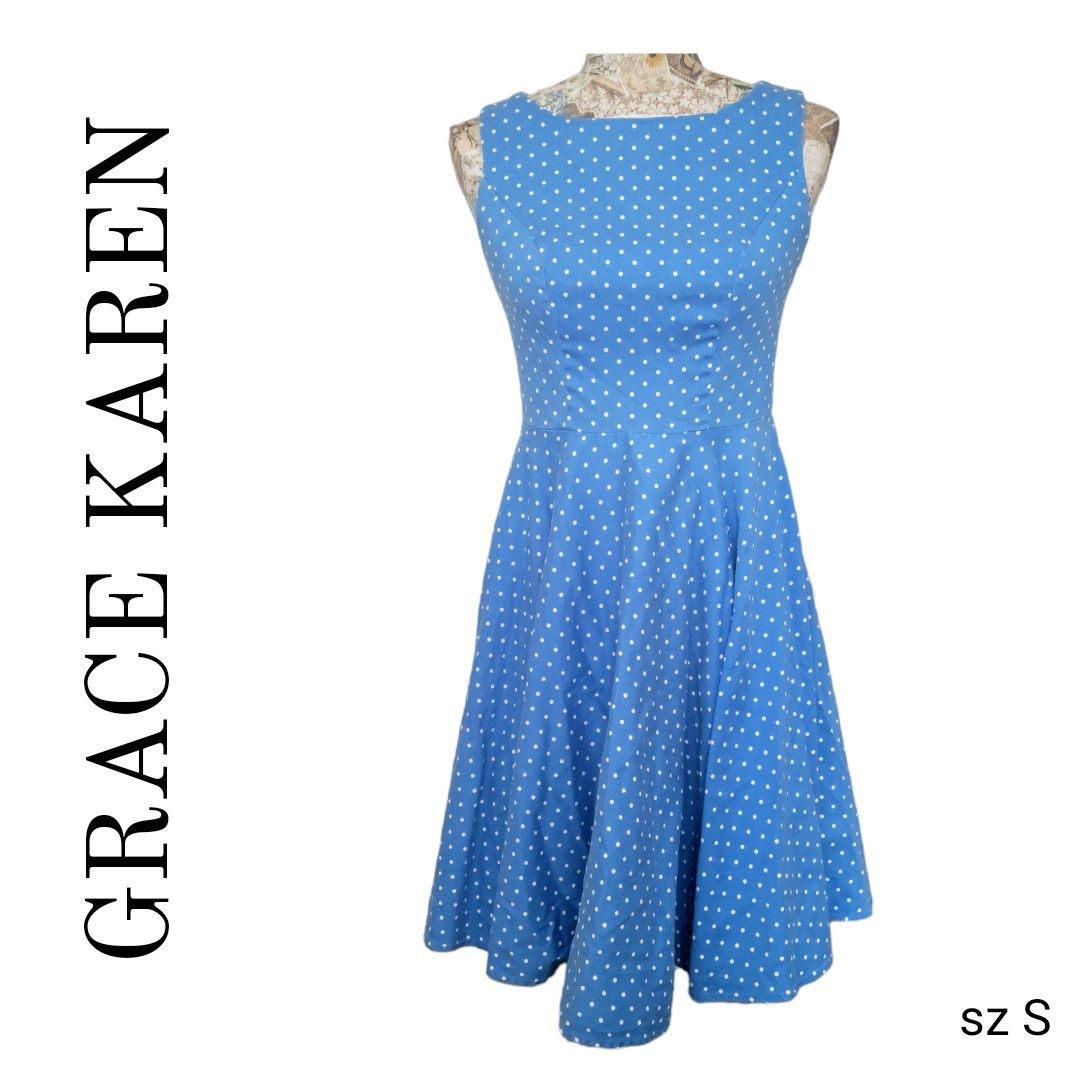 NBDN Nobrandedon Grace Karin Blue White Polka Dot Fitted Bodice Flare Dress Size S / US 4 / IT 40 - 1 Thumbnail