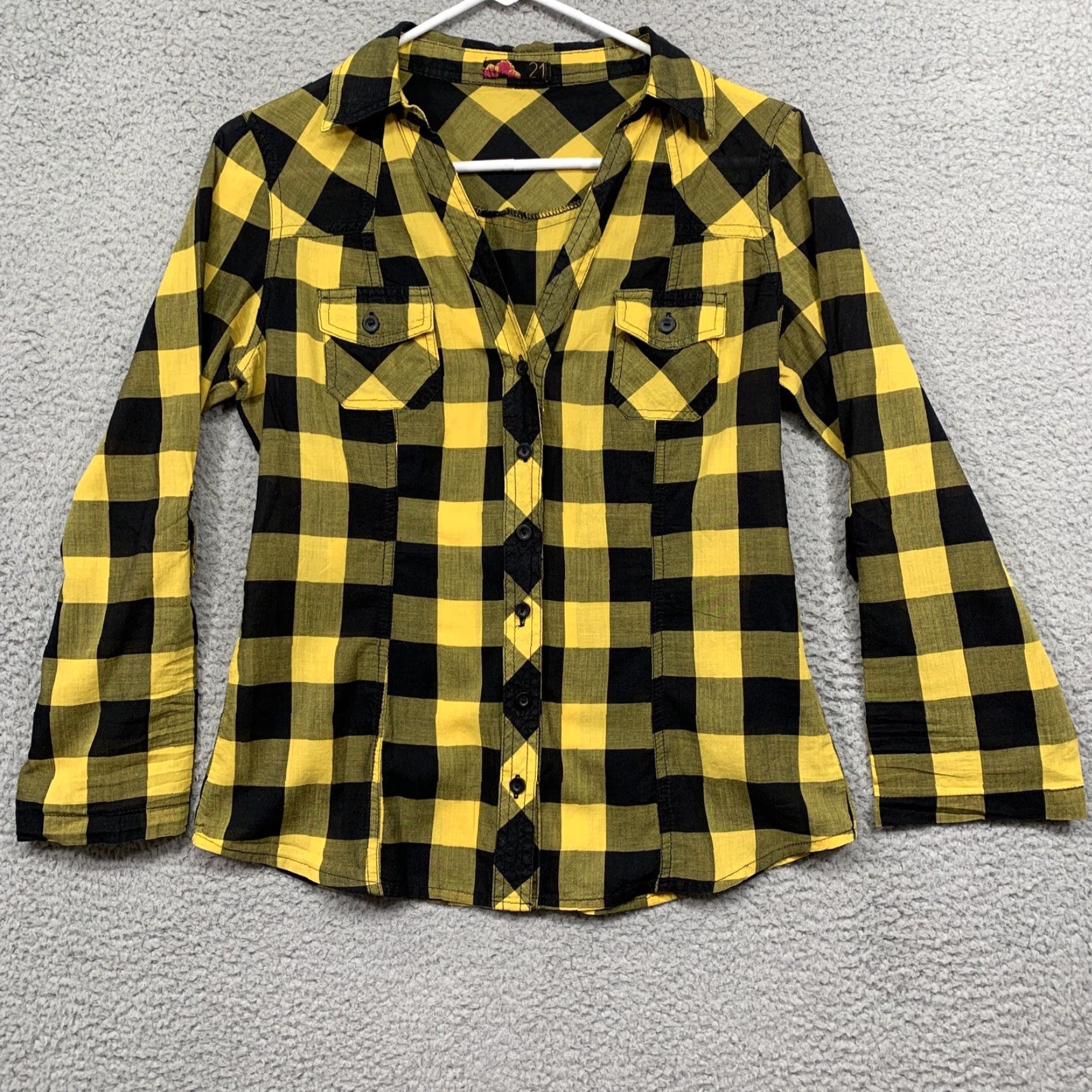 Vintage Rue21 Women’s Blouse Small Yellow Black Plaid 3/4 Sleeve Pockets V-Neck Shirt Womens Size S / US 4 / IT 40 - 2 Thumbnail