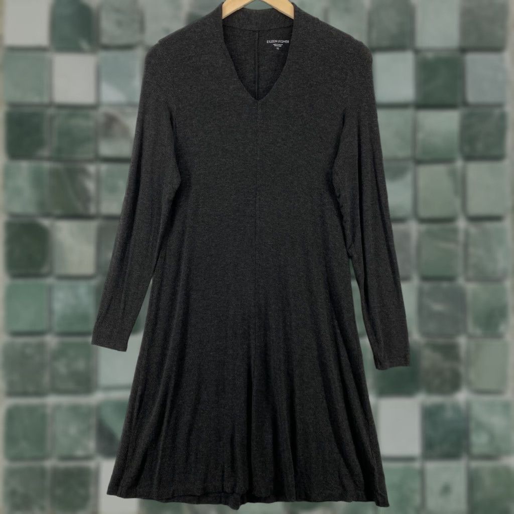 EILEEN FISHER Dress XS Viscose Jersey Melange Shift V-Neck Long Sleeve Gray