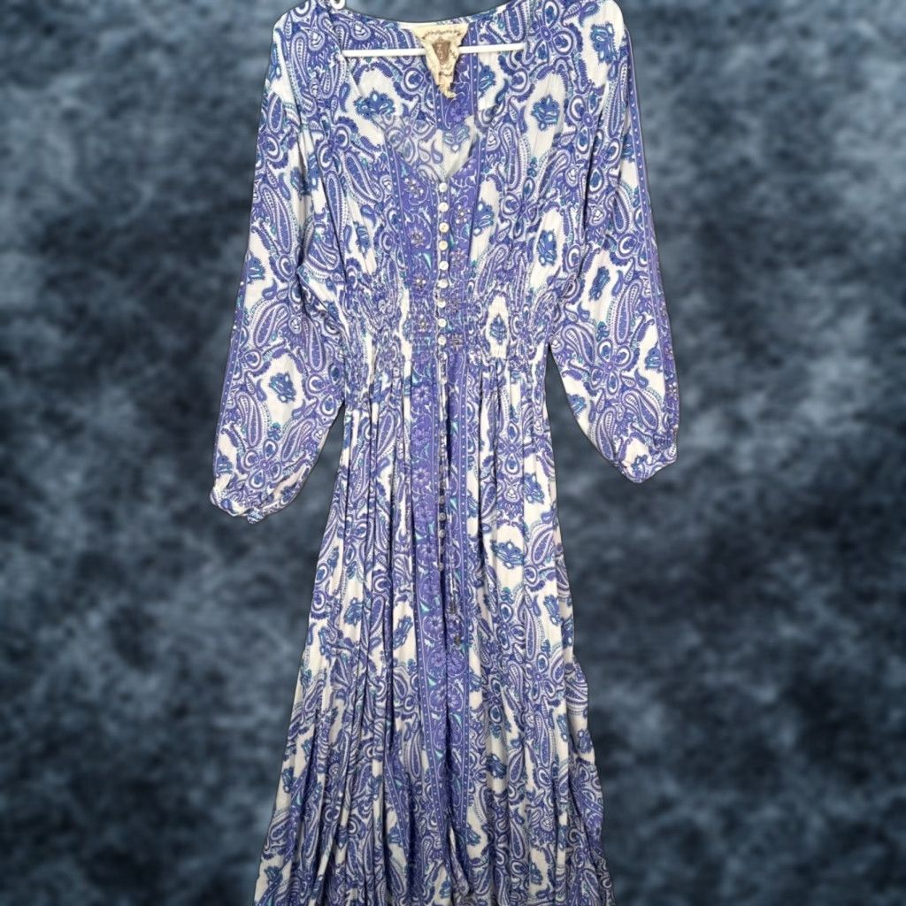 Vintage Z & L Women's Large Maxi Dress Bohemian Paisley V-Neck Button Detail Elastic Waist Long Sleeve Blue Casual Summer Spring Costume Not Vintage Size L / US 10 / IT 46 - 1 Thumbnail