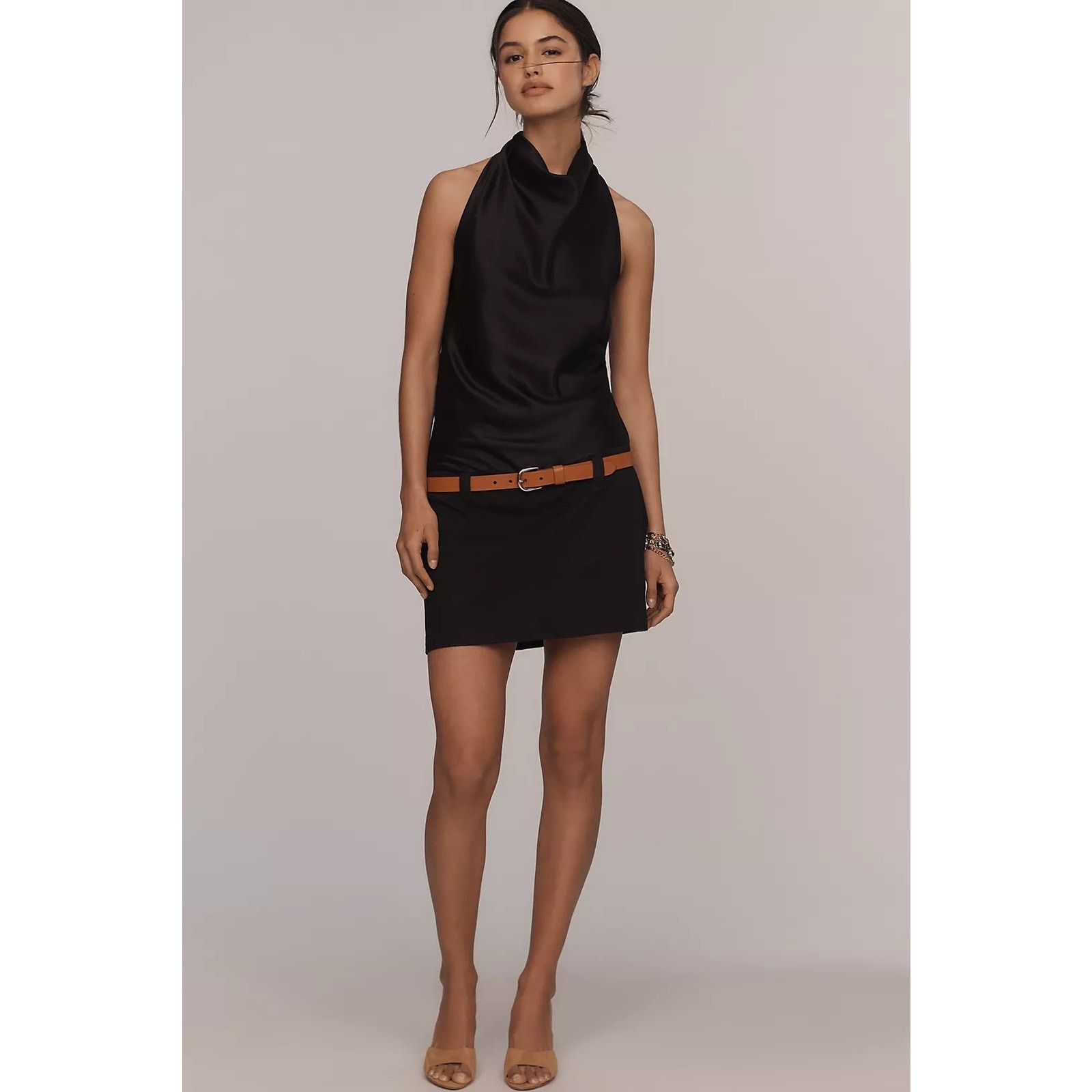 Anthropologie NWT Maeve Cowl-Neck Belted Mini Dress $178 X-LARGE Black Size XL / US 12-14 / IT 48-50 - 2 Thumbnail