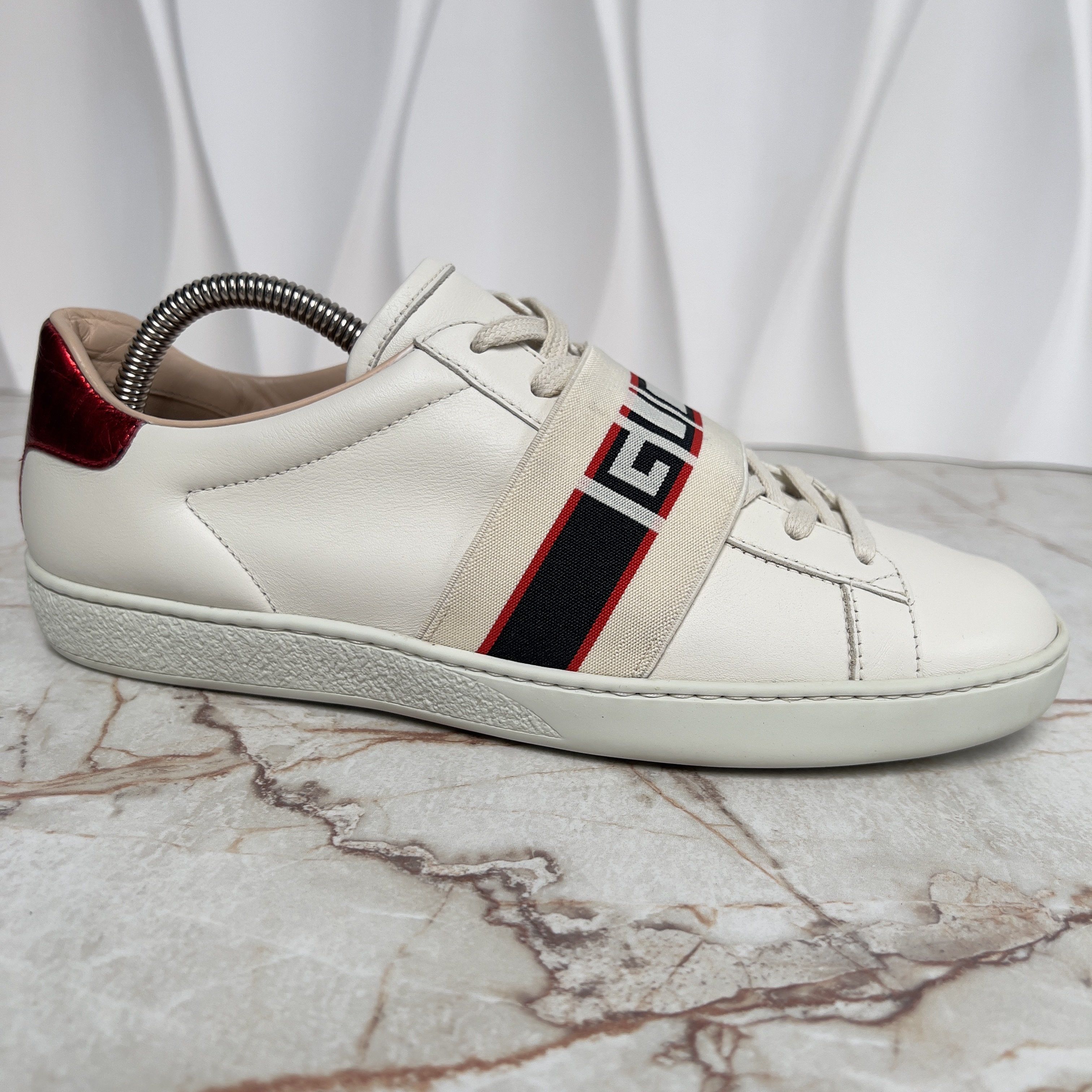 Gucci Authentic Ace Stripe Logo Sneaker Red Beige Leather Size US 8.5 / IT 38.5 - 5 Thumbnail