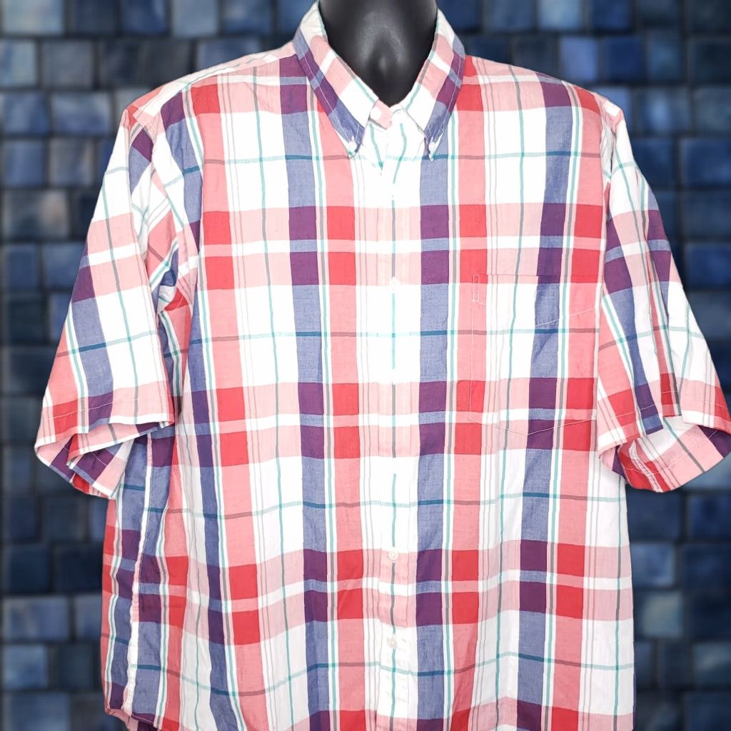 Needles VINTAGE St Stephen Collection 1X Big & Tall Button-Up Plaid Short Sleeve Red White Blue Tailoring Shirt Mens Size ONE SIZE - 1 Thumbnail