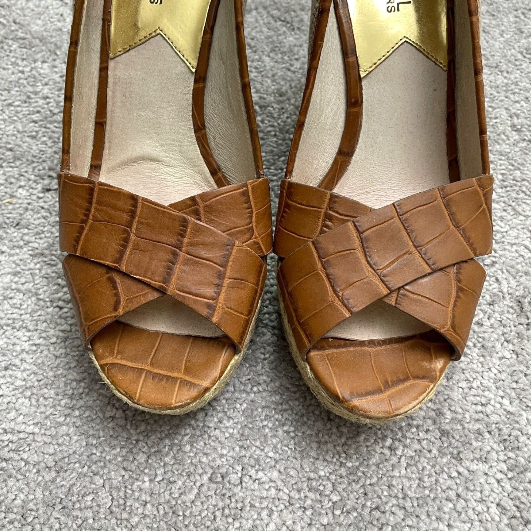 Michael Kors Micheal Michael Kors Wedge Sandals Womens 9M Brown Slip On Espadrille Peep Toe Leather Upper Cork Insole Logo Breathable Comfort Size US 9 / IT 39 - 6 Thumbnail