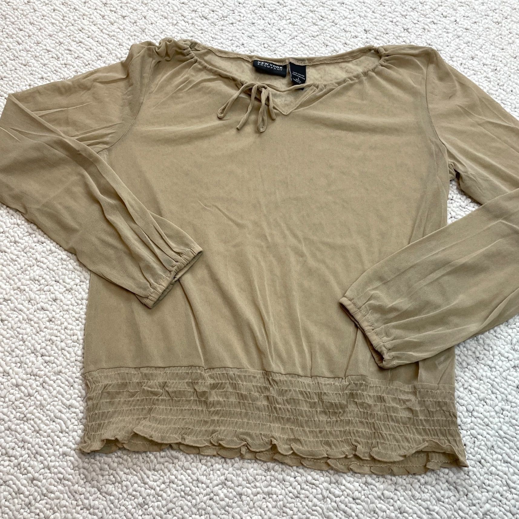 Vintage New York & Company Blouse Womens Large Brown Nylon Lightweight Stretch Boat Neck Long Sleeve Pullover Solid Size L / US 10 / IT 46 - 2 Thumbnail