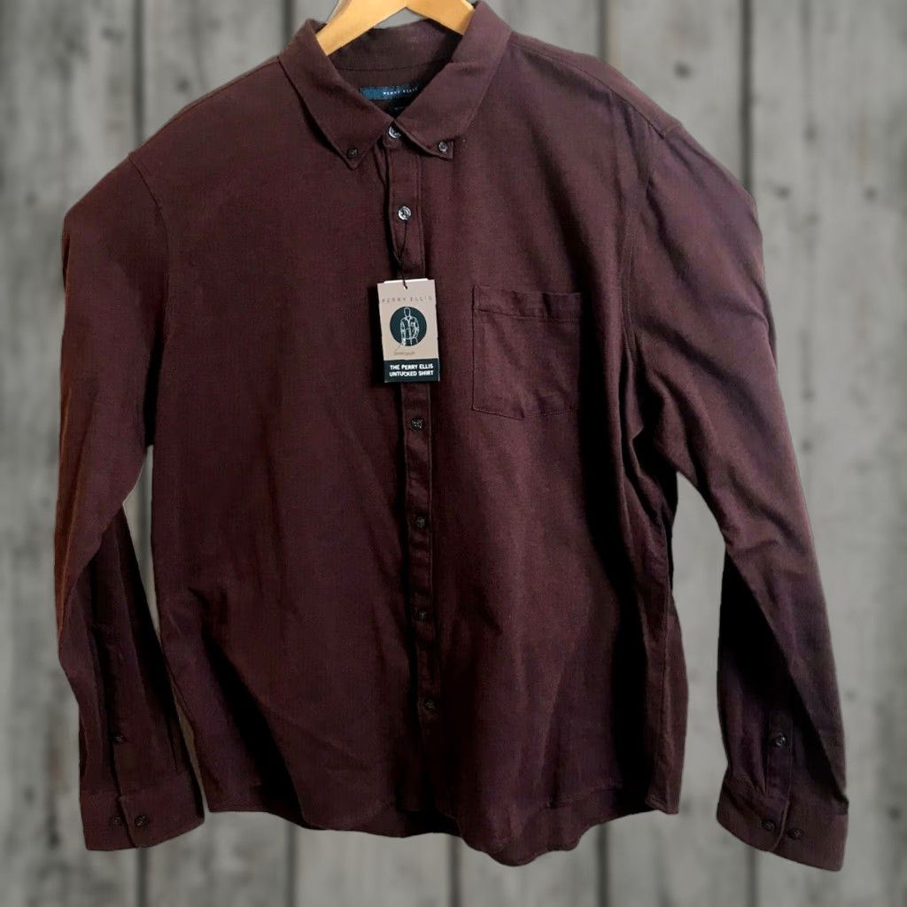 Perry Ellis Perry Ellis The Untucked Shirt Mens Slim Fit Moisture Wicking Knit Button-Up XXL Brown Sassafras 100% Cotton Casual Size US XXL / EU 58 / 5 - 1 Thumbnail