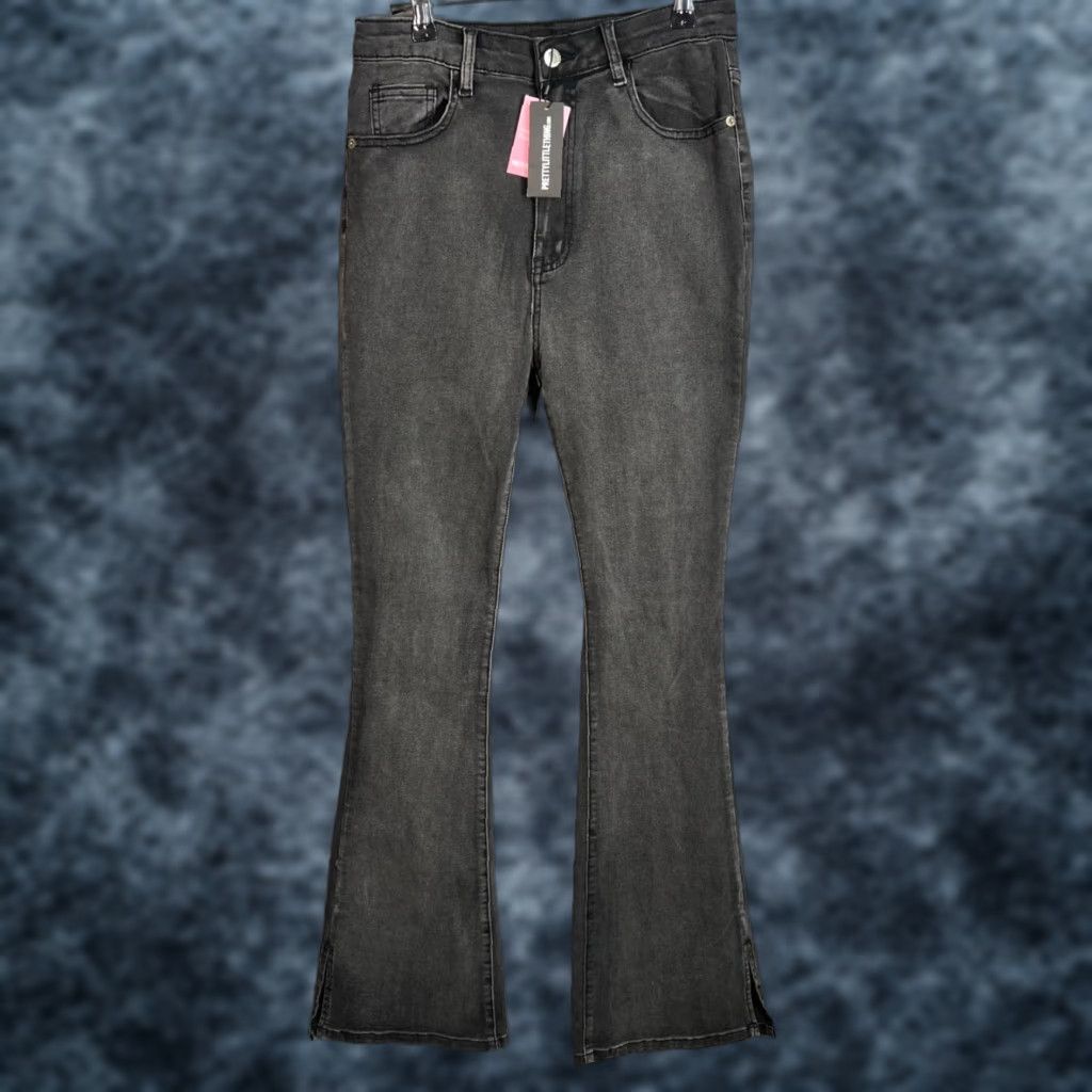 PrettyLittleThing PrettyLittleThing Black Distressed Flared Jeans Womens Size 10 NEW! (Regular Fit) Size 32" / US 10 / IT 46 - 1 Thumbnail