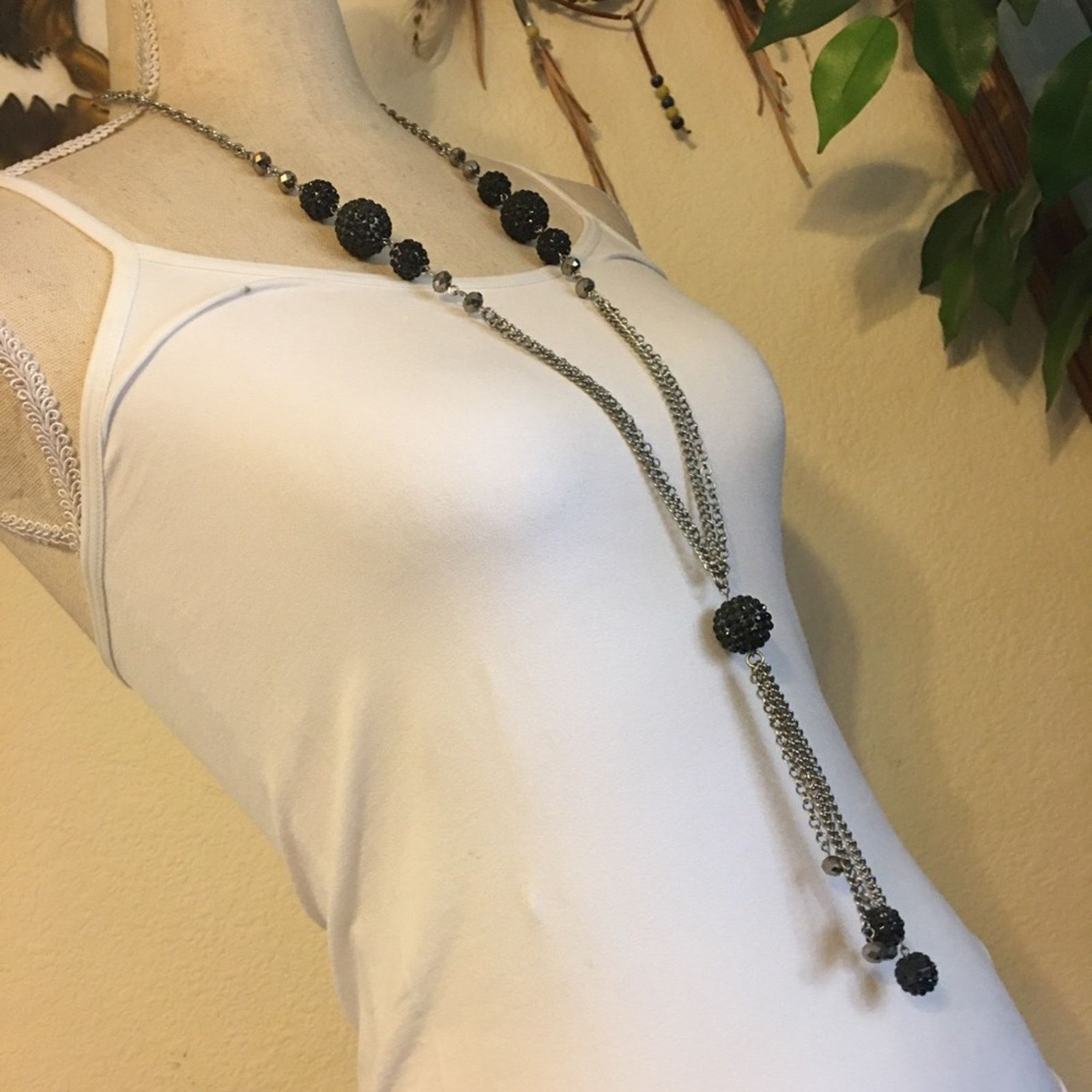 Jewelry Black disco ball bead accented fringe necklace Size ONE SIZE - 2 Thumbnail