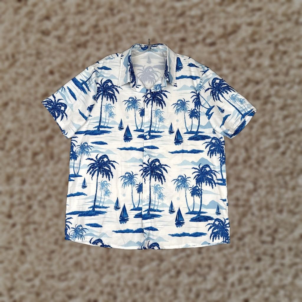 Vintage Hawaiian Shirt Men Large White Blue Floral Sailboat Palm Tree Polyester Blend Mens Size US L / EU 52-54 / 3 - 1 Thumbnail