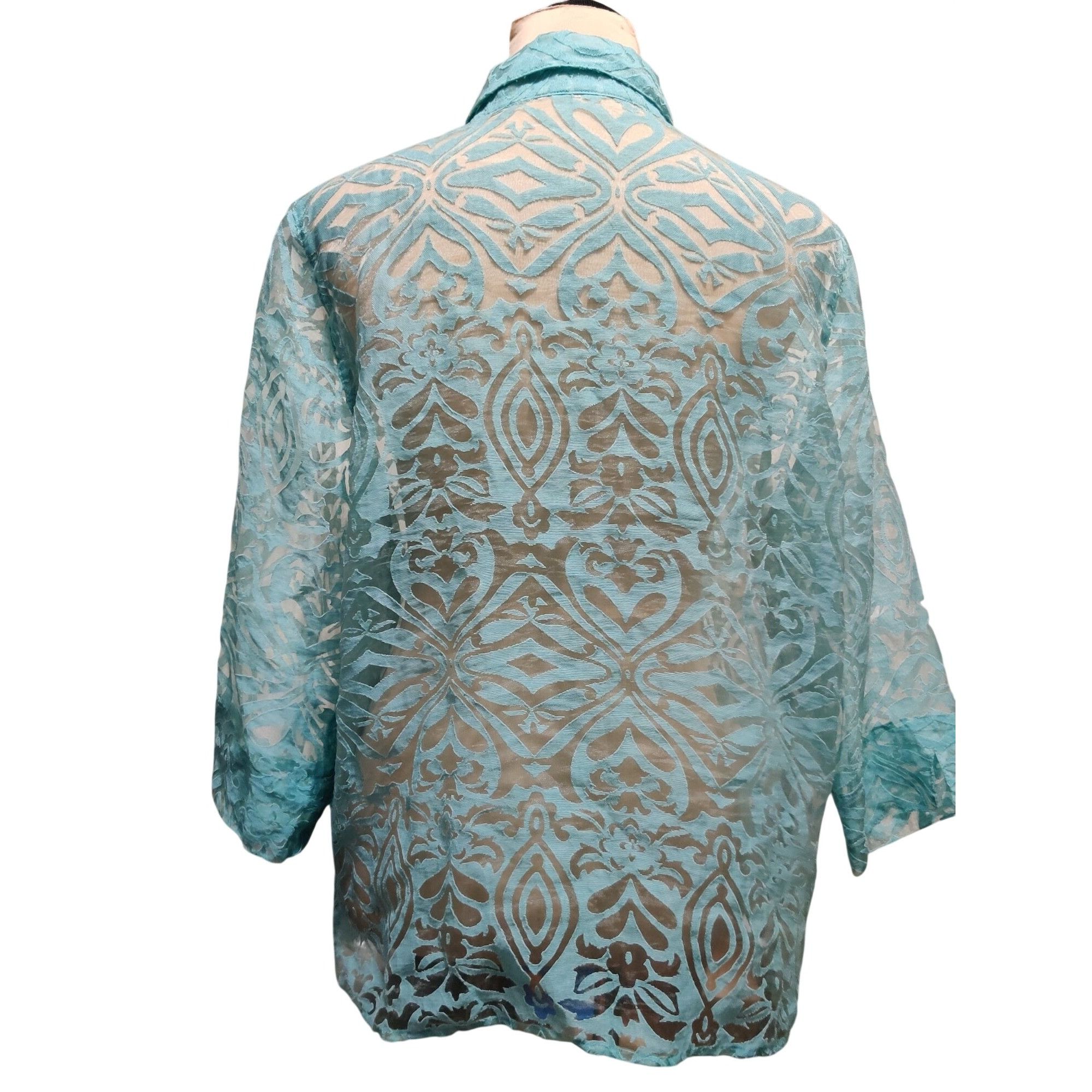 Vintage Womenx XL Blouse Turquoise Blue Sheer Burnout Vintage Button Size XL / US 12-14 / IT 48-50 - 5 Thumbnail