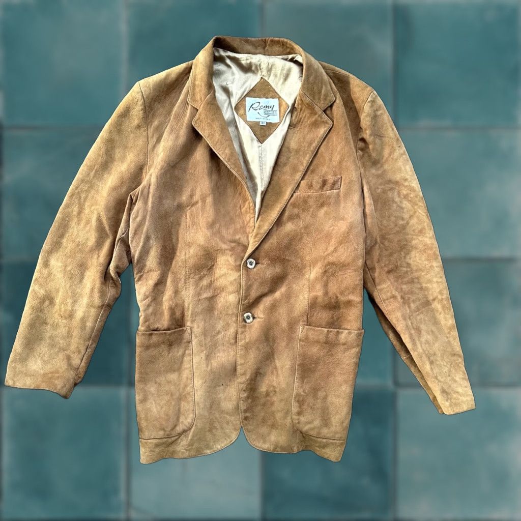 VINTAGE Remy Leather Jacket Blazer Men 42 Brown Suede 80s 70s Rockabilly Winter Sports Coat/Blazer Mens Brown Leather Jacket