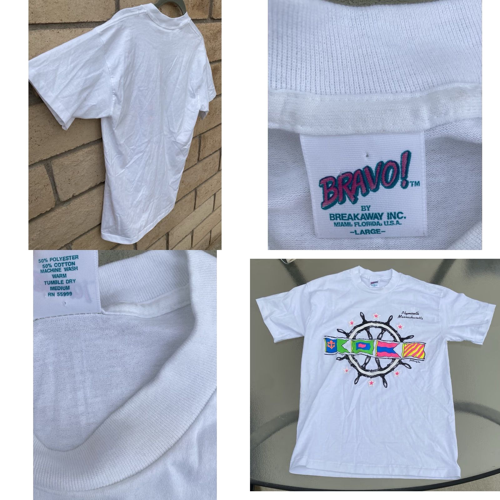 Nautica VINTAGE Bravo By Breakaway Inc T-Shirt Nautical White L Mens Plymouth Massachusetts Neon Graphics Tee Shirt Size US L / EU 52-54 / 3 - 8 Thumbnail