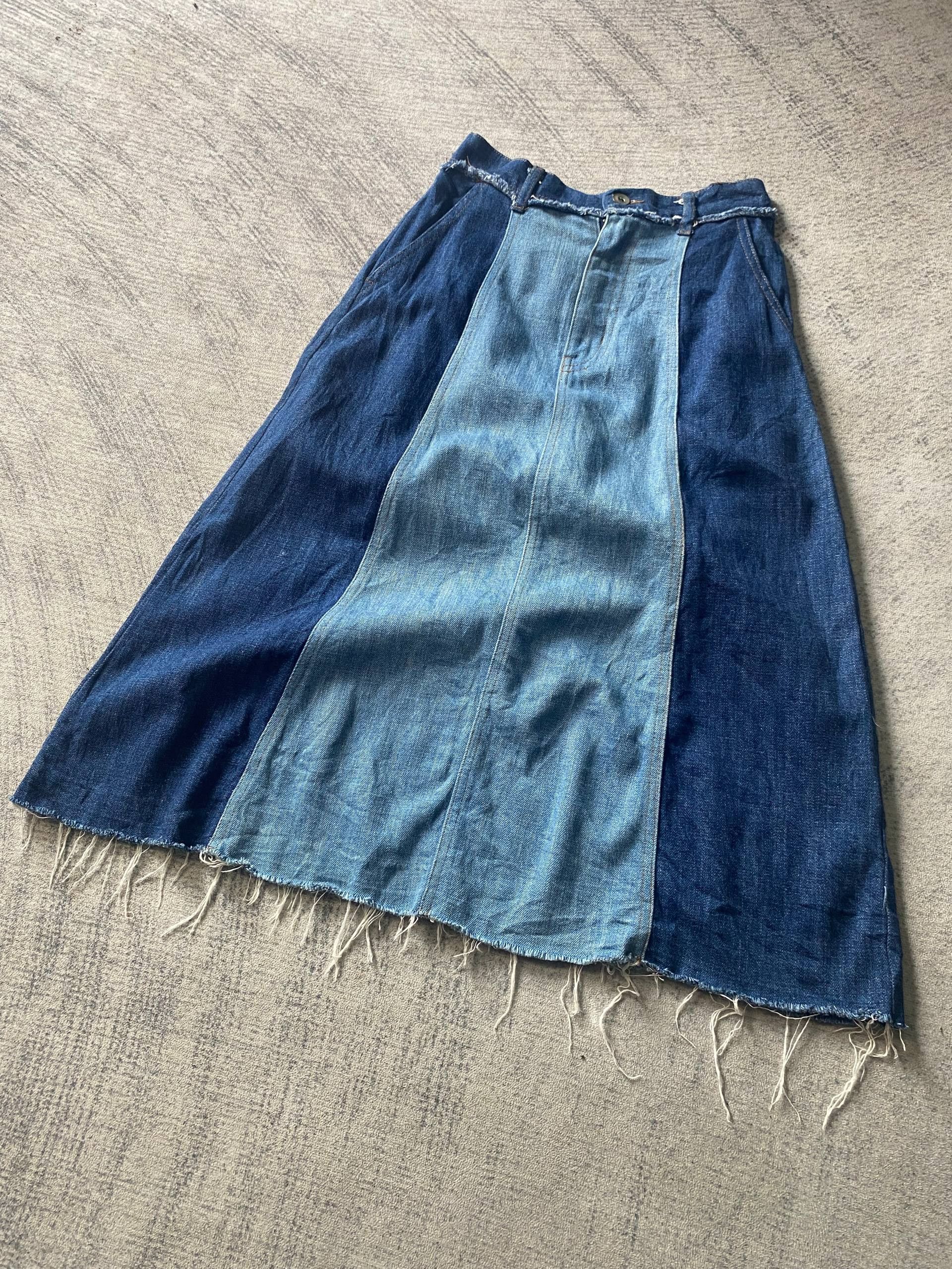 Designer Designer Style Frayed Denim Midi Skirt Size 30" / US 8 / IT 44 - 2 Thumbnail