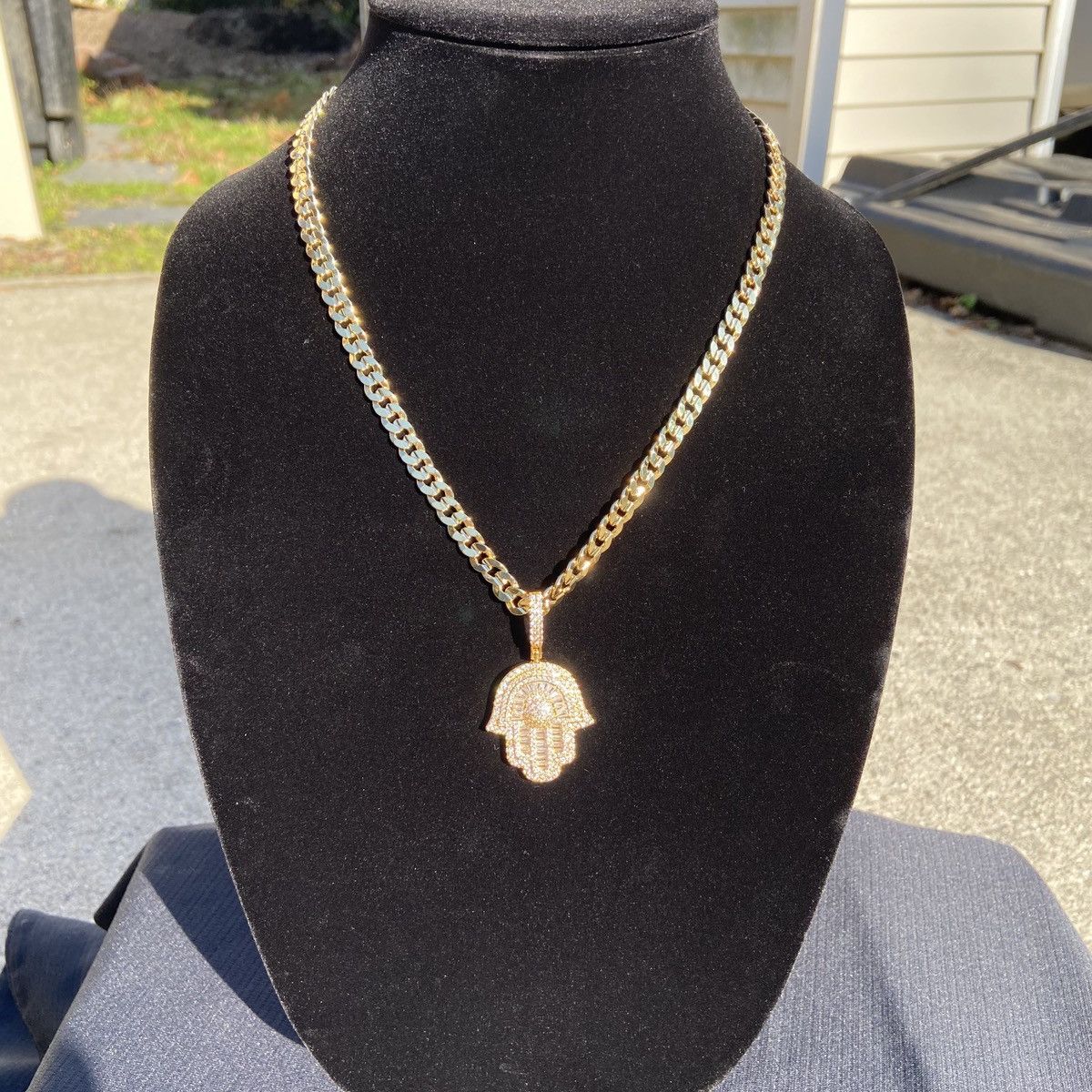 Jewelry Gold Chain Cuban Link Necklace 20in 7mm and Icy Hamsa Hand Size ONE SIZE - 1 Thumbnail