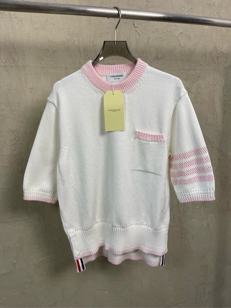 Thom Browne Thom Browne White and pink four-striped knitted short-sleev Size M / US 6-8 / IT 42-44 - 1 Thumbnail