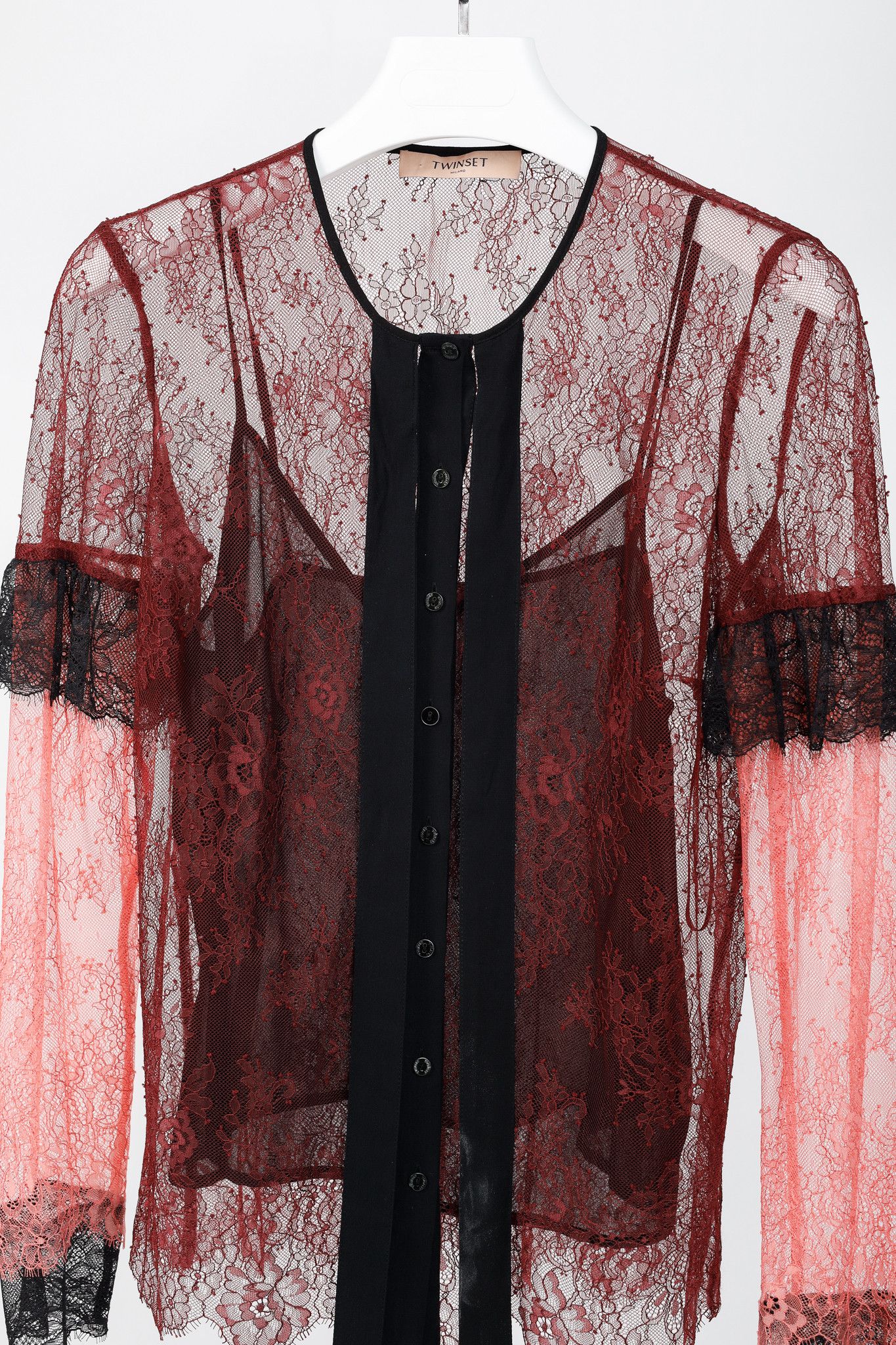 TWINSET Twinset Burgundy & Pink Lace Ruffle Tie-Neck Blouse Size S / US 4 / IT 40 - 3 Thumbnail