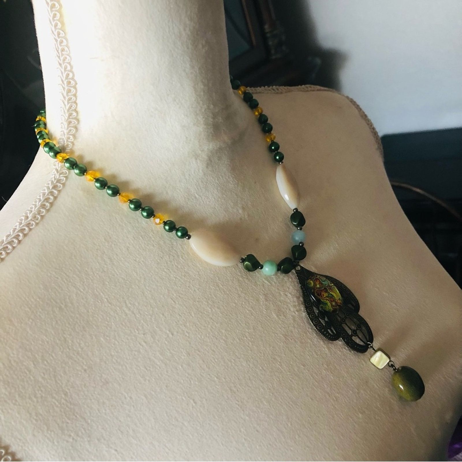 Handmade Handcrafted repurpose cabochon filigree Pearl necklace Size ONE SIZE - 3 Thumbnail