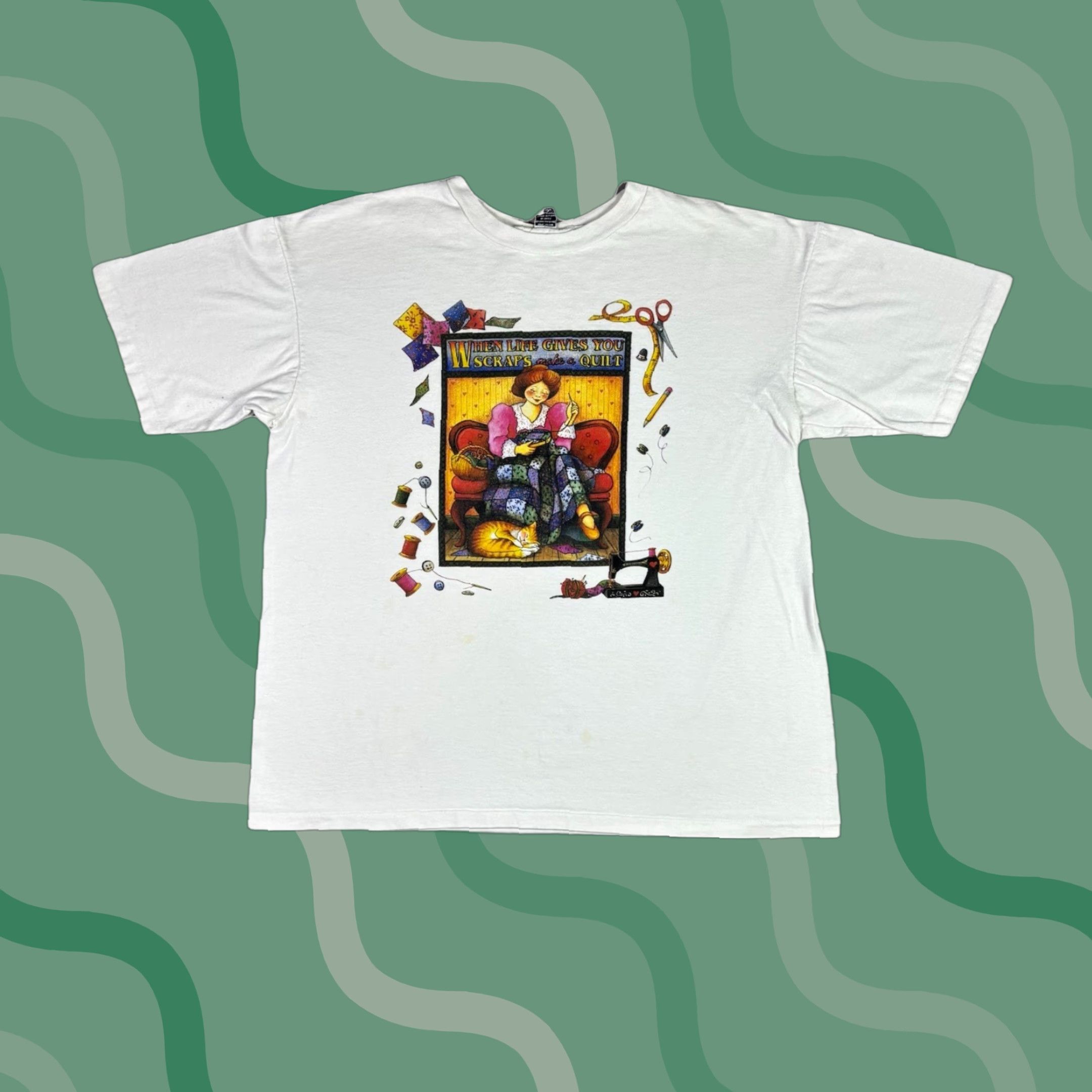 Vintage VINTAGE Women’s Knitting Art T Shirt 90s Single Stitch XL White Cotton Graphic Print Crew Neck Short Sleeve Size XL / US 12-14 / IT 48-50 - 1 Thumbnail