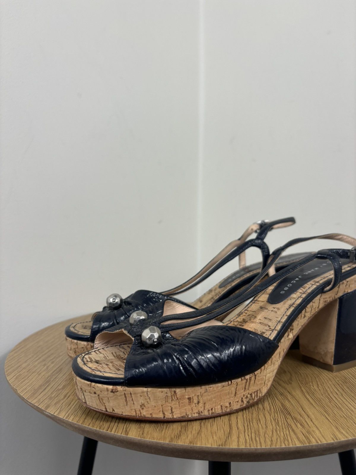 Marc by Marc Jacobs Marc By Marc Jacobs Navy Leather Cork Block Heel Sandals Size US 9.5 / IT 39.5 - 10 Thumbnail