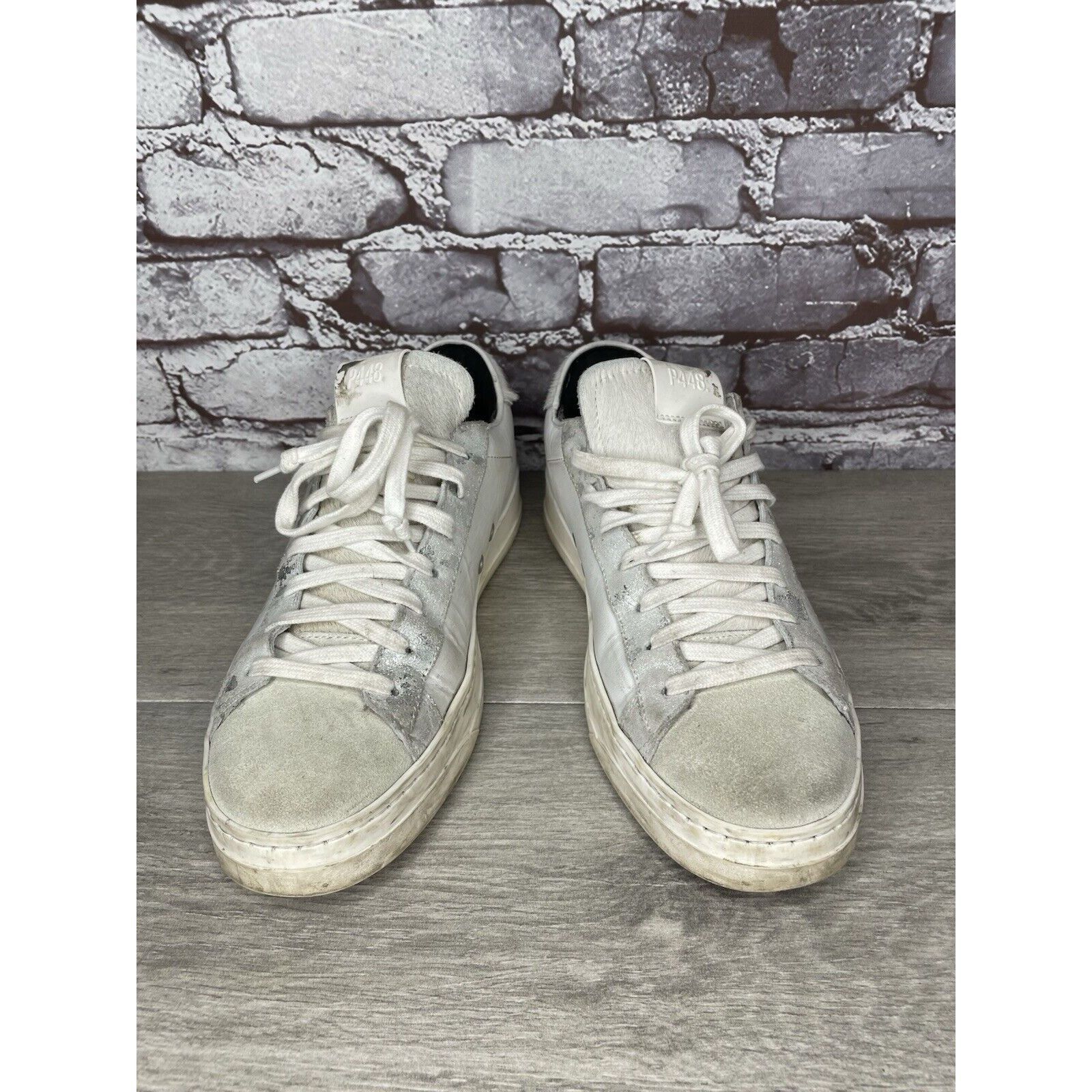 P448 P448 White Leather Gray Suede Silver Glitter Low Top Sneaker Size US 9.5 / IT 39.5 - 18 Thumbnail