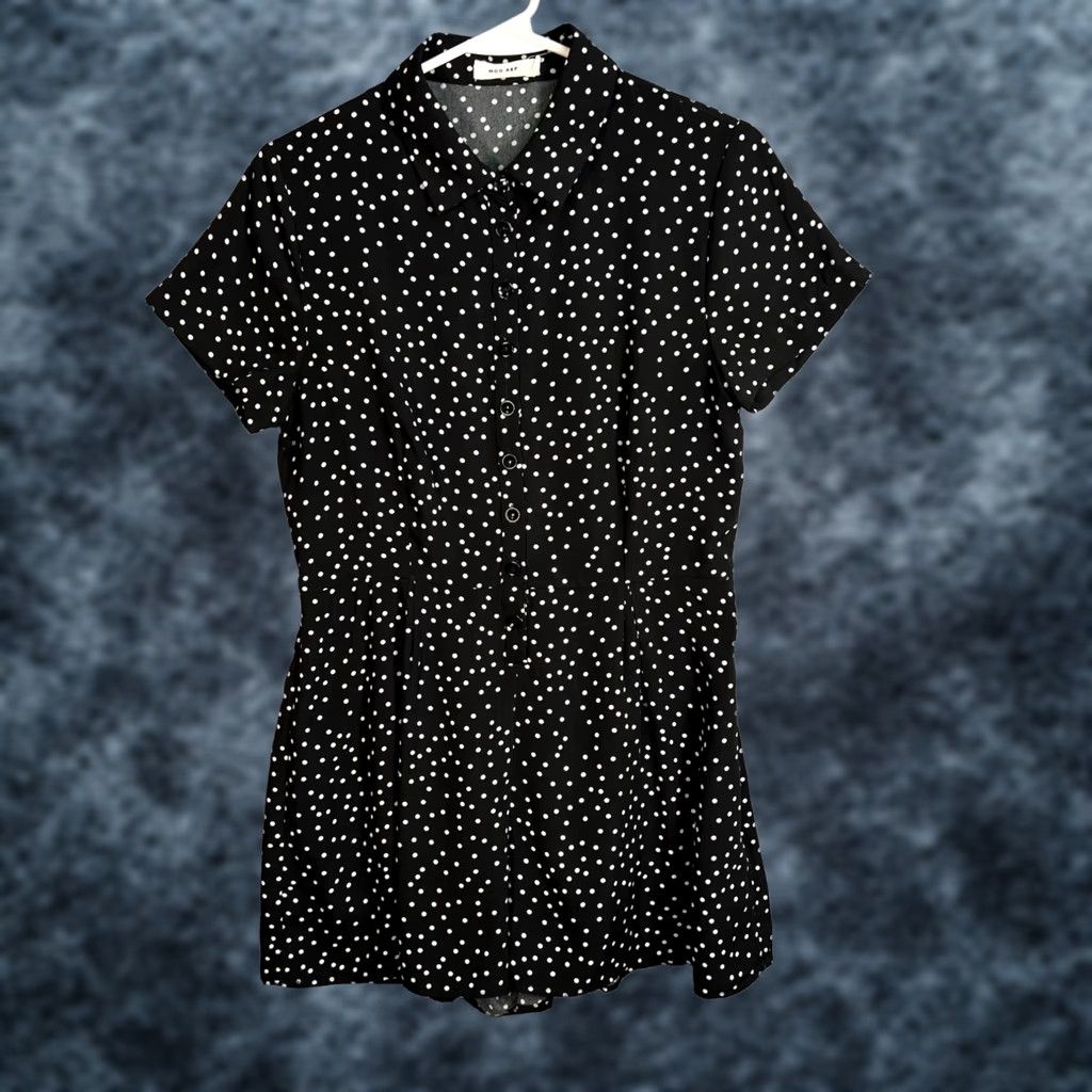 Vintage Mod Ref Romper Shirt Womens Size Small Black White Polka Dot Button-Up One-Piece Short Sleeve Collared Summer Spring Regular Womens Size 28" / US 6 / IT 42 - 1 Thumbnail