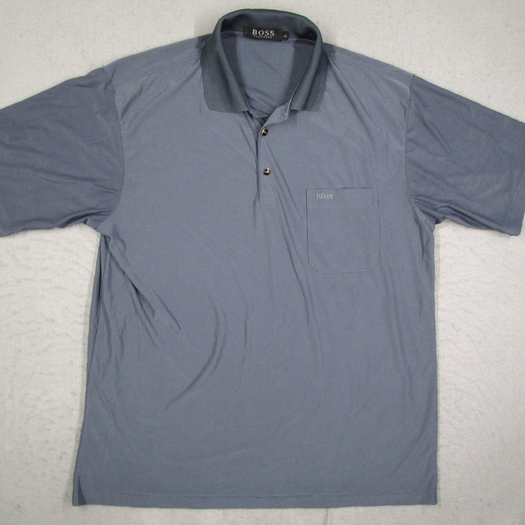 Vintage Hugo Boss Polo Shirt 100% Silk Mens Large Blue Gray Short Sleeve Pocket Luxury Shirt Size US L / EU 52-54 / 3 - 2 Thumbnail