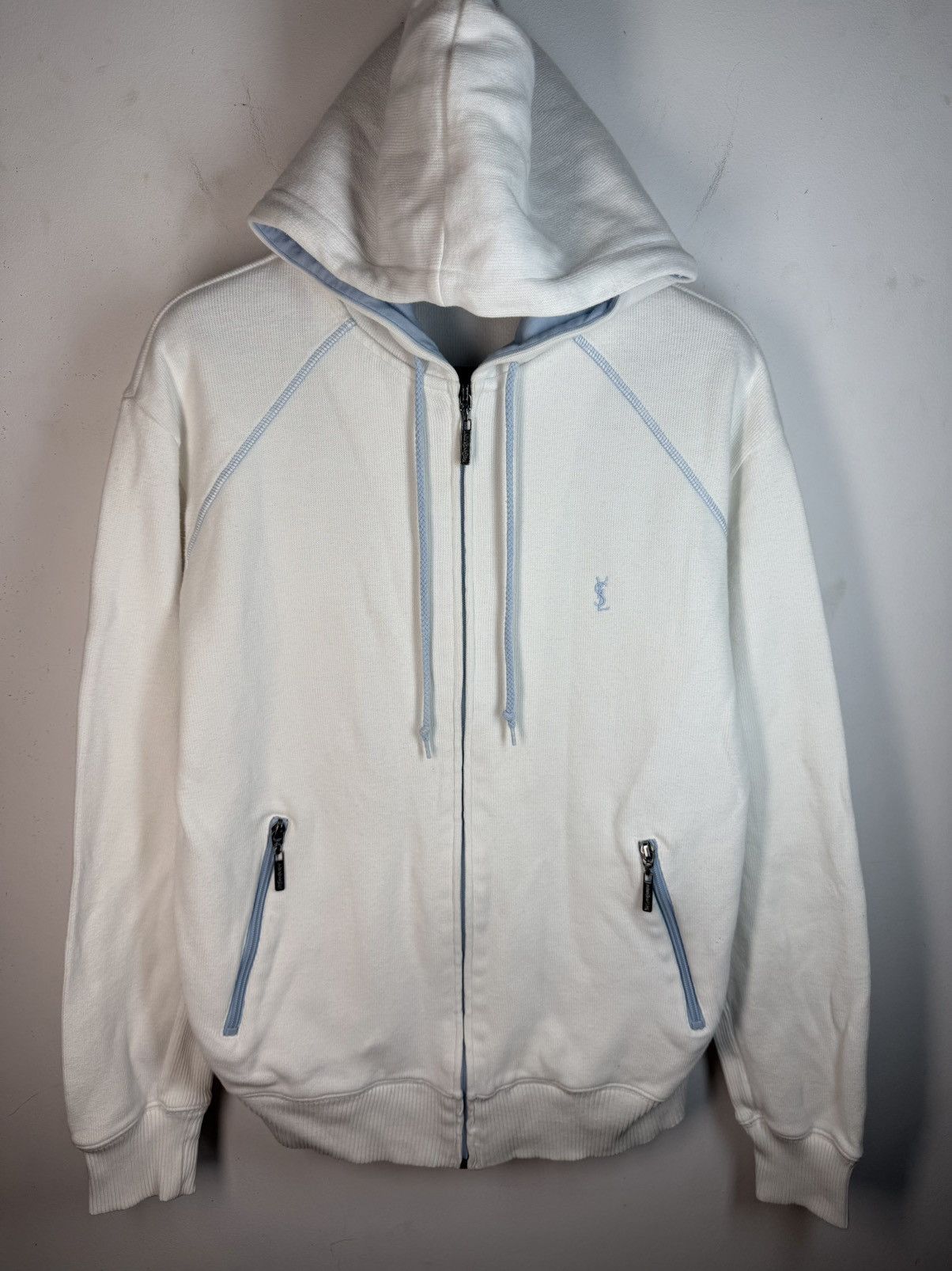 White YSL Hoodie Zip Up Sweatshirt Vintage Sweater Logo y2k