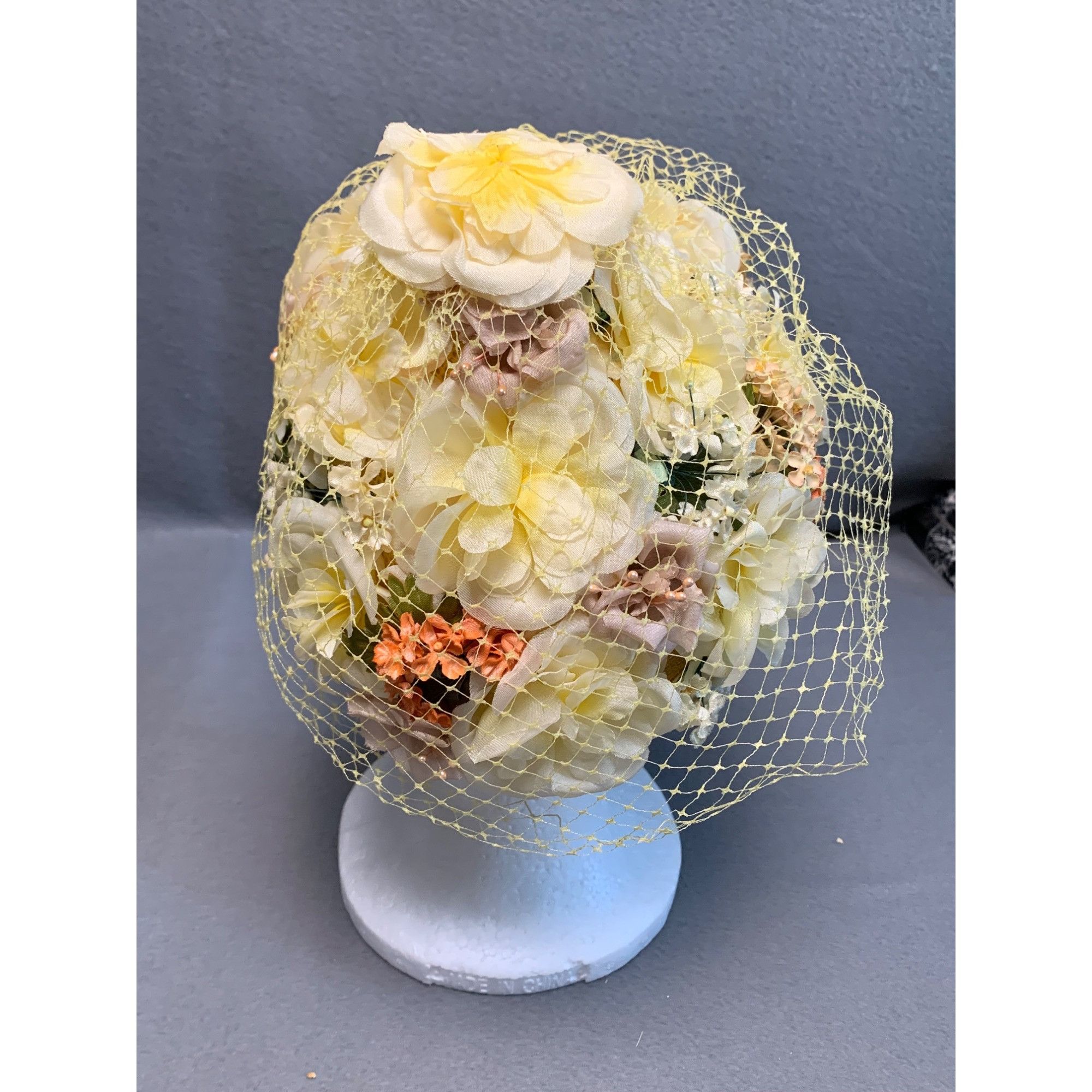 Other Vintage 1950s Floral Net Hat with Yellow Veil Union Made 23" Size ONE SIZE - 3 Thumbnail