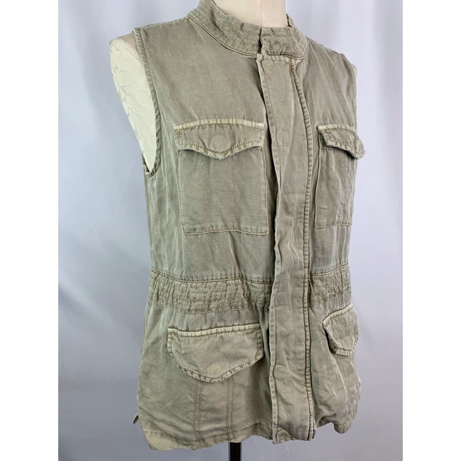 Sanctuary VINTAGE Sanctuary Vest Women's Small Sleeveless Zip Front Cargo Pockets Khaki Tan Linen Blend Beige 65% tencel 35% linen Size S / US 4 / IT 40 - 3 Thumbnail