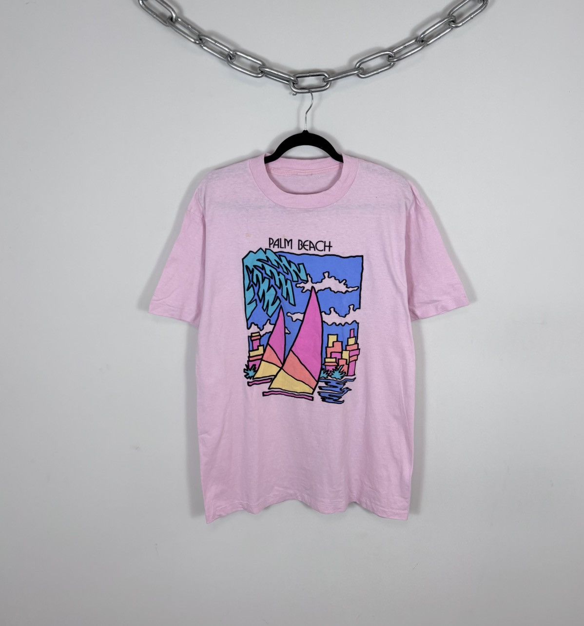 Vintage Vintage 1990s Palm Beach USA Big Graphic Pink T-Shirt Tee Size US L / EU 52-54 / 3 - 1 Thumbnail