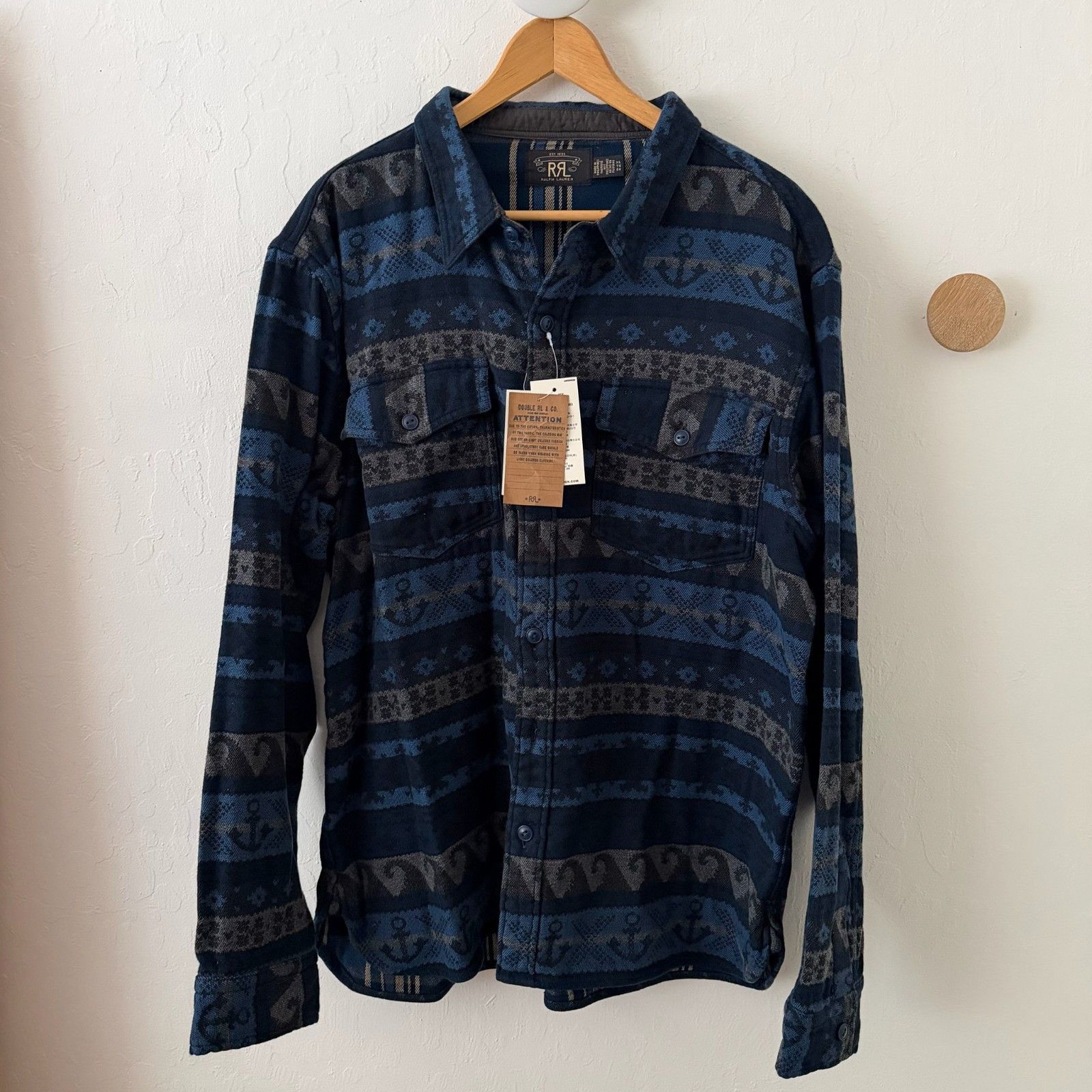 RRL Ralph Lauren RRL PLAID-PRINT JERSEY POPOVER WORKSHIRT NAVY