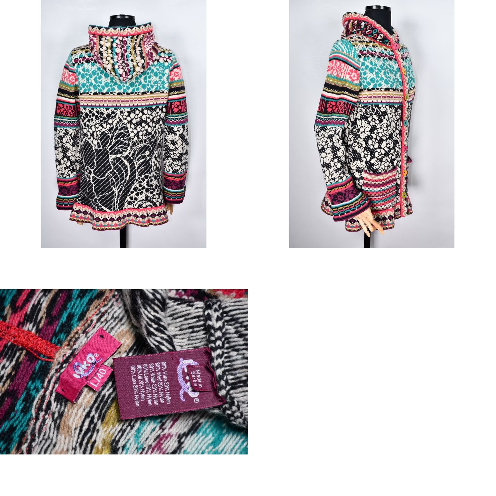 Vintage IVKO Multicoloured Knitted Wool Sweater Hooded Jacket Women's L Size L / US 10 / IT 46 - 8 Thumbnail