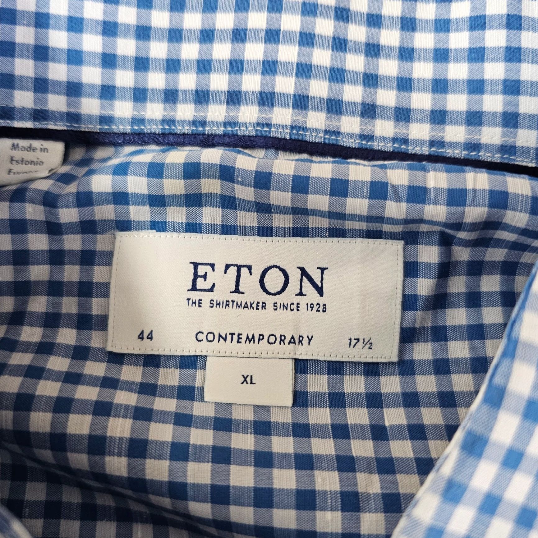 Eton Eton Dress Shirt Mens XL Blue Gingham Poplin Cotton Button Up - 17.5 Neck - 44 17.5 Contemporary Slimming Non-Iron Wrinkle Resistant Easy Care Size 46R - 3 Thumbnail