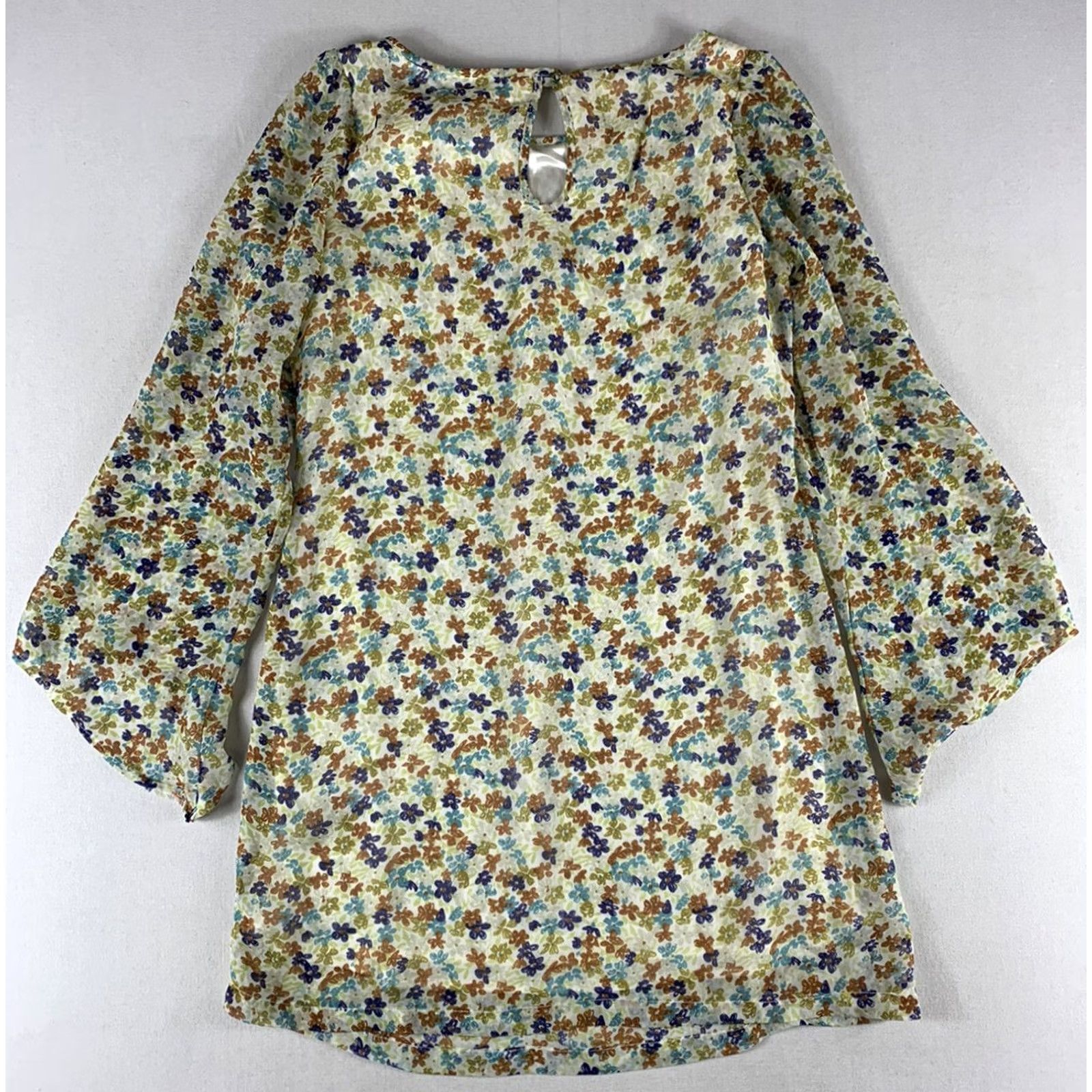 Vintage TULLE DRESS WOMENS XS SHEER BEIGE PURPLE FLORAL LONGSLEEVE FLARE Size XS / US 0-2 / IT 36-38 - 8 Thumbnail