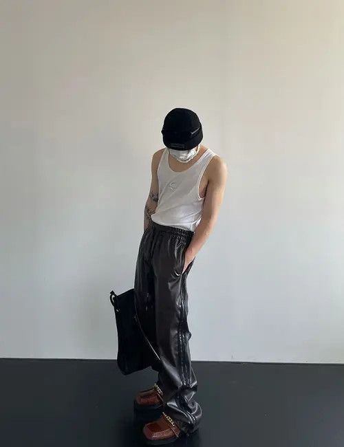 VIBE PU Leather Black Stripe Elastic Waist Pants Size US 34 / EU 50 - 4 Thumbnail