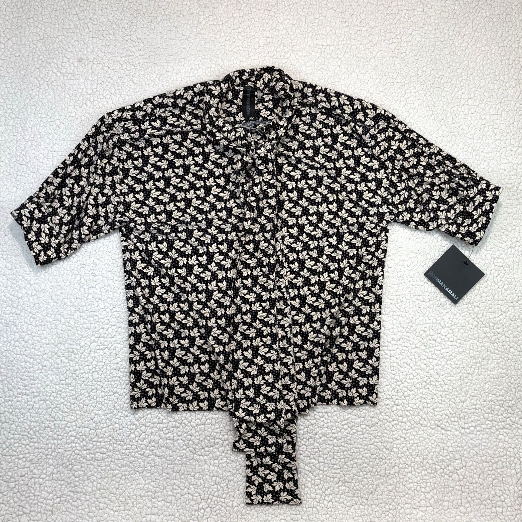 Norma Kamali Norma Kamali Blouse Puff Sleeve Scarf NWT M Black Ivory Leaves Stretch Jersey Polyester Spandex Women's Office Autumn Size M / US 6-8 / IT 42-44 - 2 Thumbnail