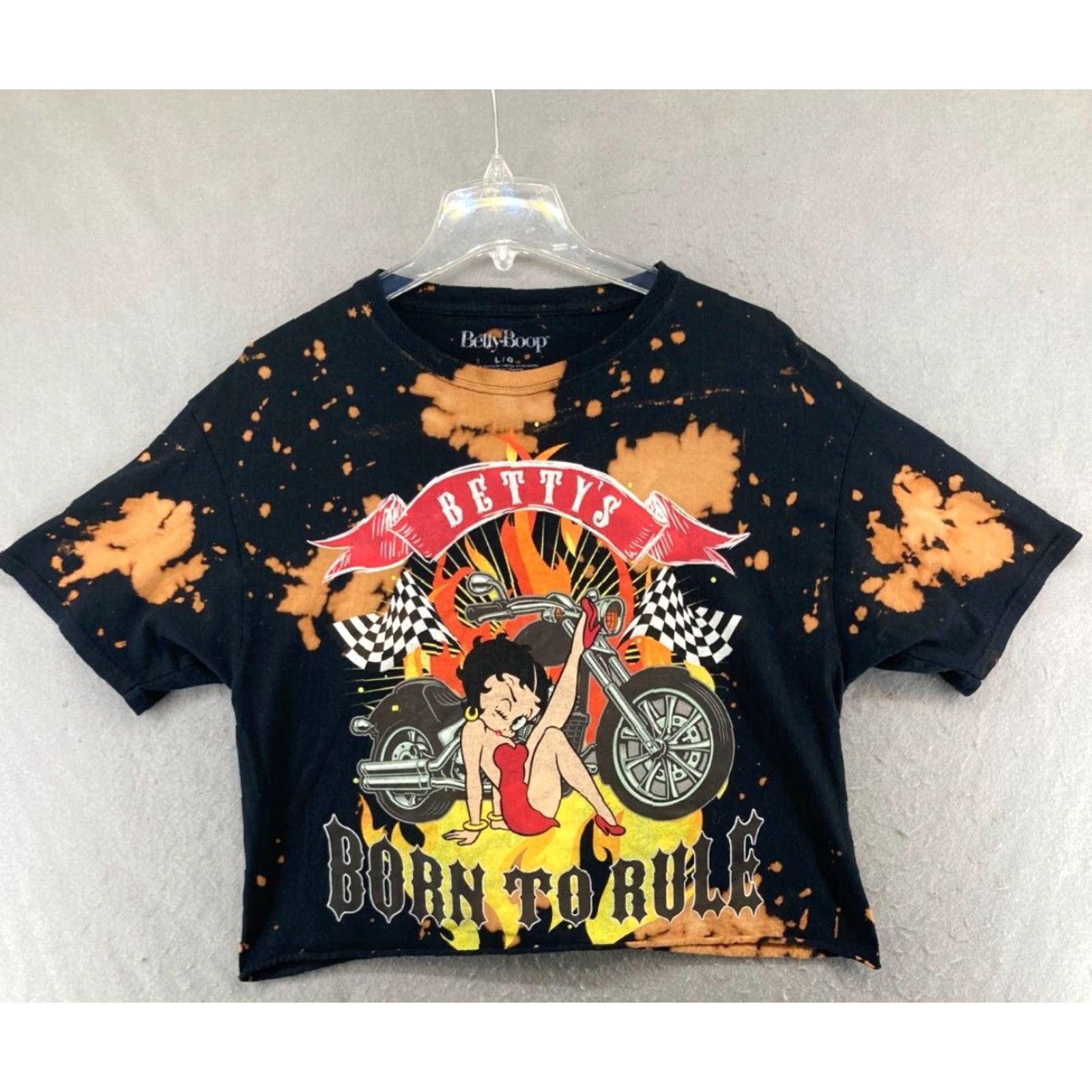 Vintage Betty Boop Tshirt Womens Large Black Cropped Vneck Biker Theme Graphic Print 100% Cotton Short Sleeve Size L / US 10 / IT 46 - 2 Thumbnail