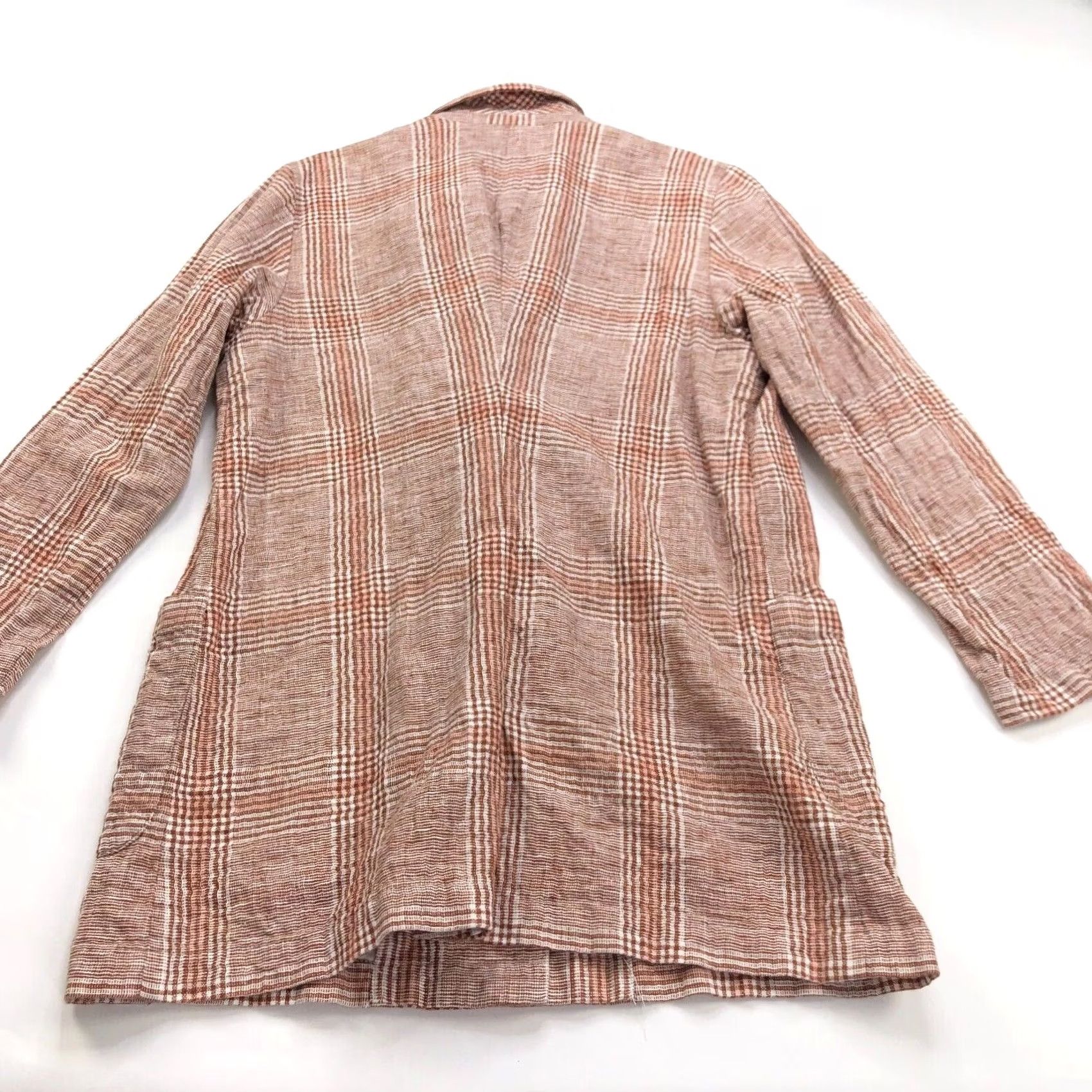 J. Jill J.Jill Blazer Jacket Orange Size M Petite Oversized Linen Cotton Blend Button Closure Collared Knit Pattern Plaid Women Slim/Relaxed Fit (Jacket) Size M / US 6-8 / IT 42-44 - 4 Thumbnail
