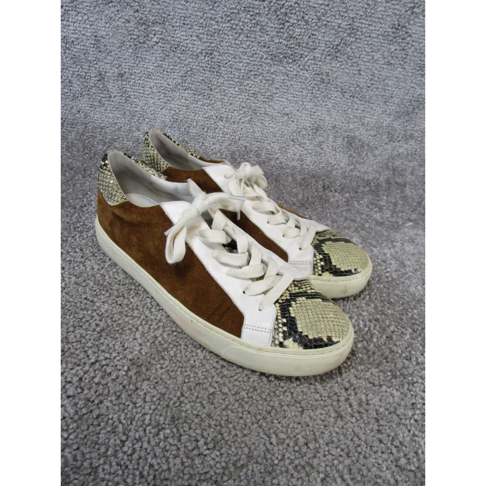 image of Veronica Beard Sneakers Womens Size 11 Snakeskin Brown Suede Shoes in White