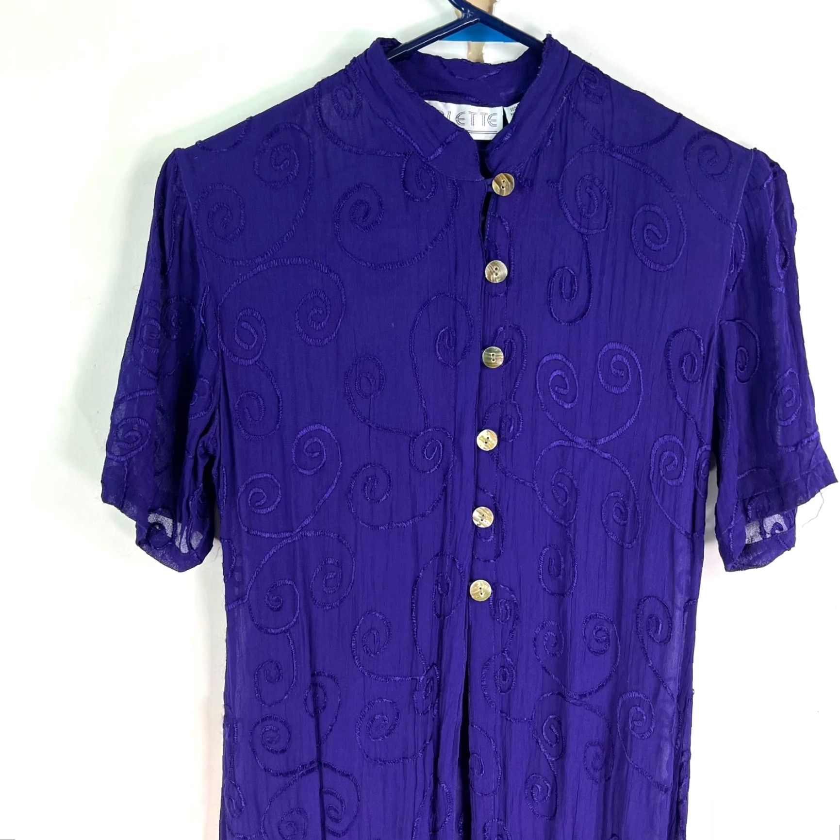 Vintage VINTAGE Lolette Kaftan Dress Womens Size Small Purple Embroidered Chiffon Short Sleeve Long 80s 90s Size S / US 4 / IT 40 - 2 Thumbnail