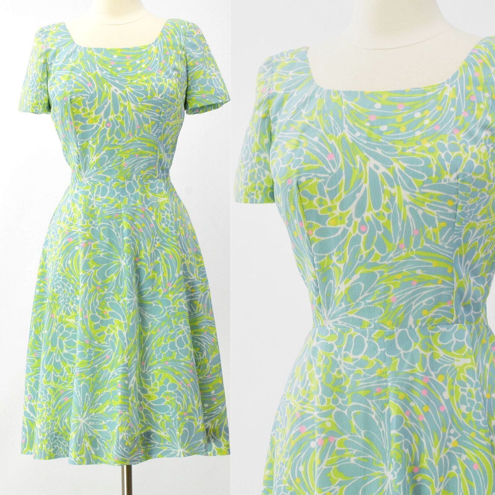 image of 70's Vintage Women's M Abstract Print Fit & Flare Dress Square Neck in White (Size 4xl)