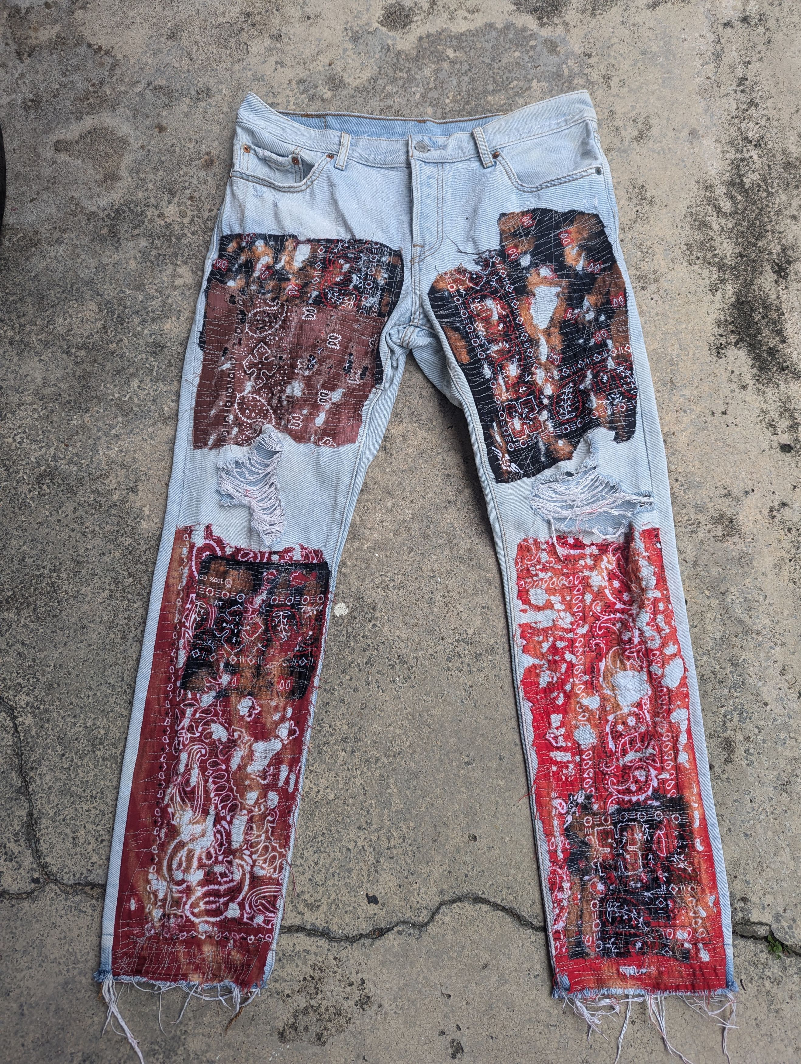 Levi's × Vintage Levis 501 Jeans Distressed Bandana Boro Custom Made Size 33" - 1 Thumbnail