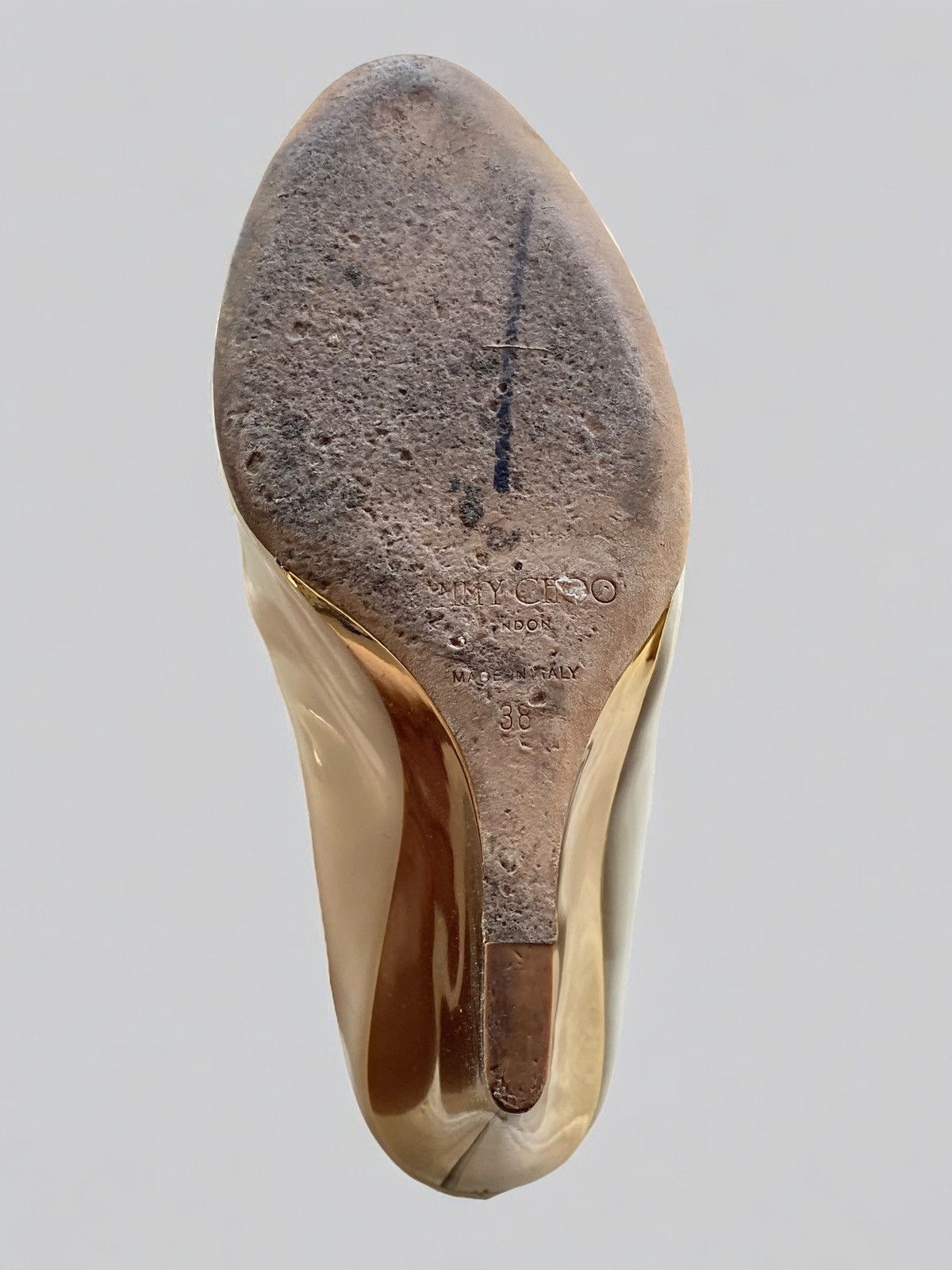 Jimmy Choo Jimmy Choo White Gold Patent Leather Peep Toe Heels Size US 7 / IT 37 - 17 Thumbnail